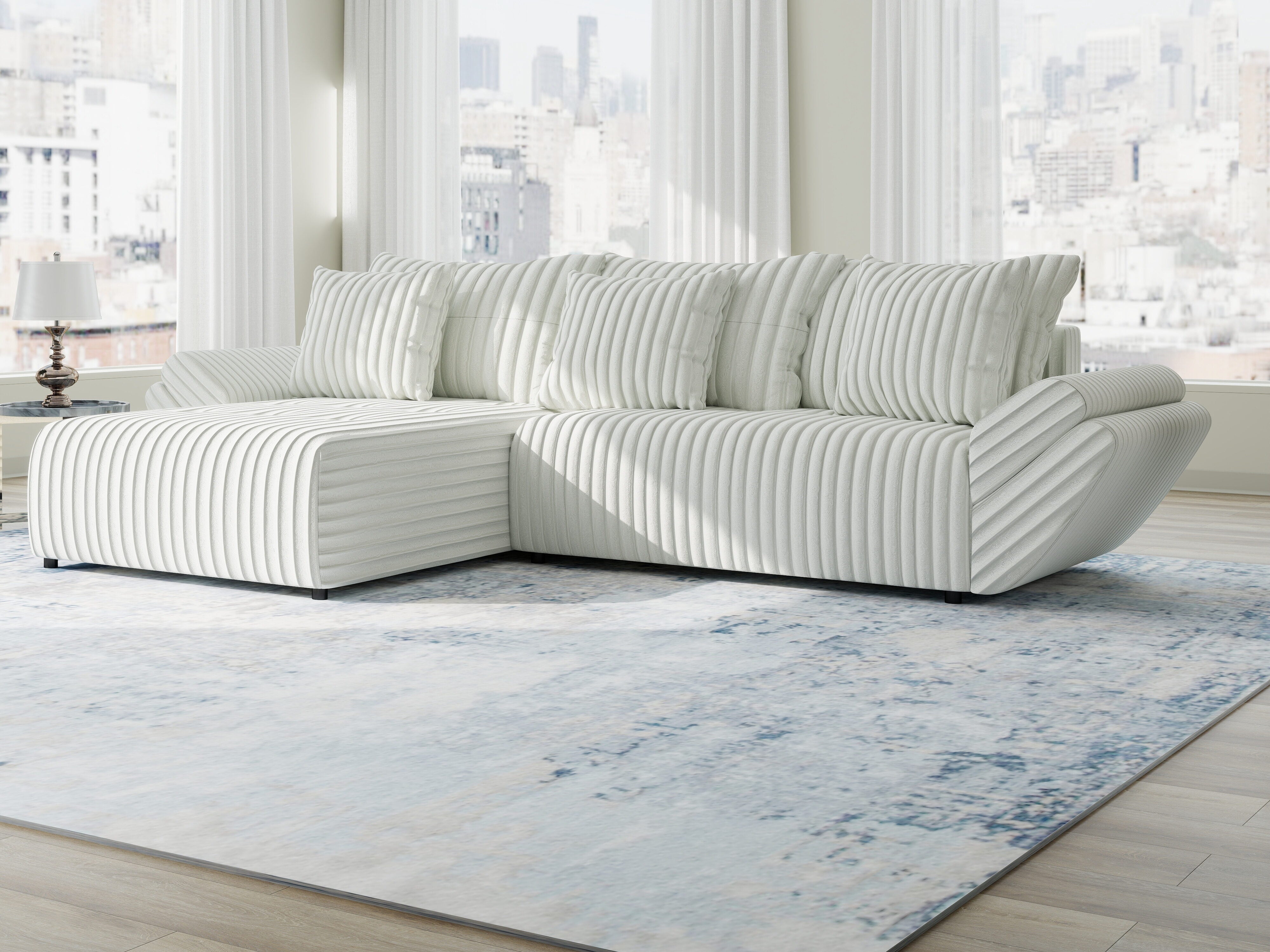 Colțar extensibil dumonde cu ladă de depozitare si sezut confortabil din spuma HR, Berlin Ambience Alb 280x185 cm