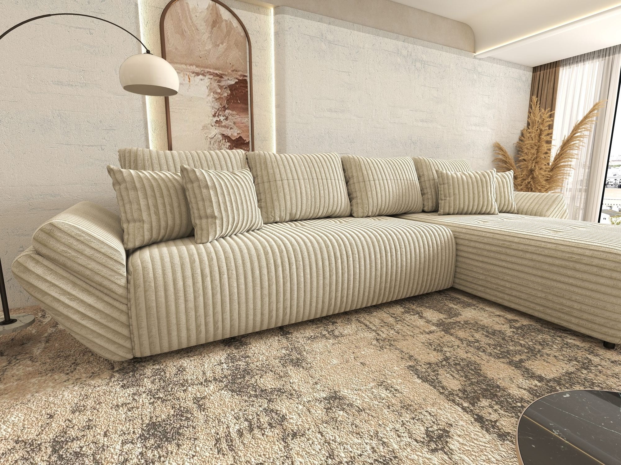 Colțar extensibil dumonde cu ladă de depozitare si sezut confortabil din spuma high-density, Berlin XL Tilia Bej 08 II 350x185 cm