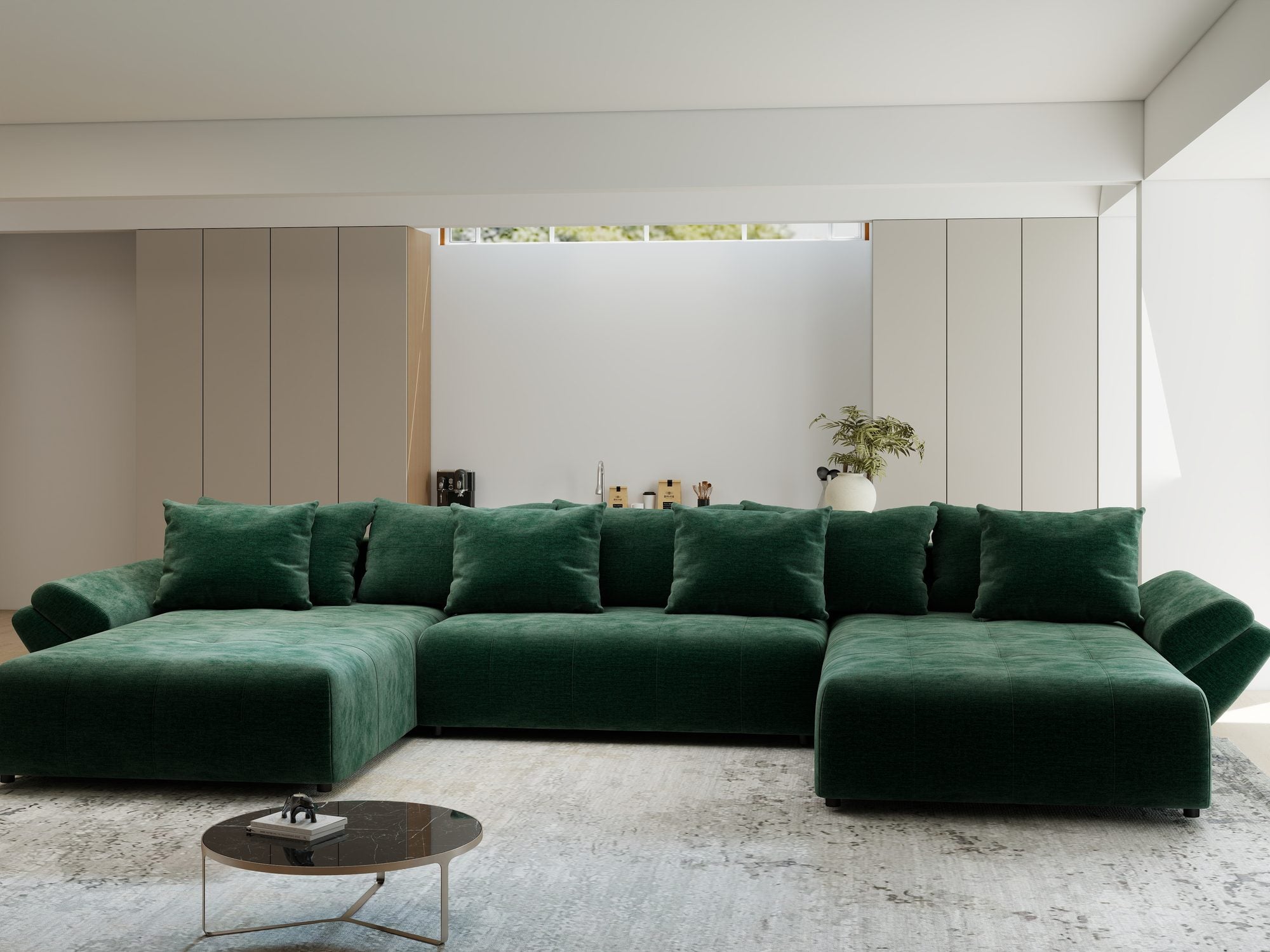Colțar extensibil dumonde cu ladă de depozitare si sezut confortabil din spuma high-density, Berlin U Monolith Verde 37 380x180 cm
