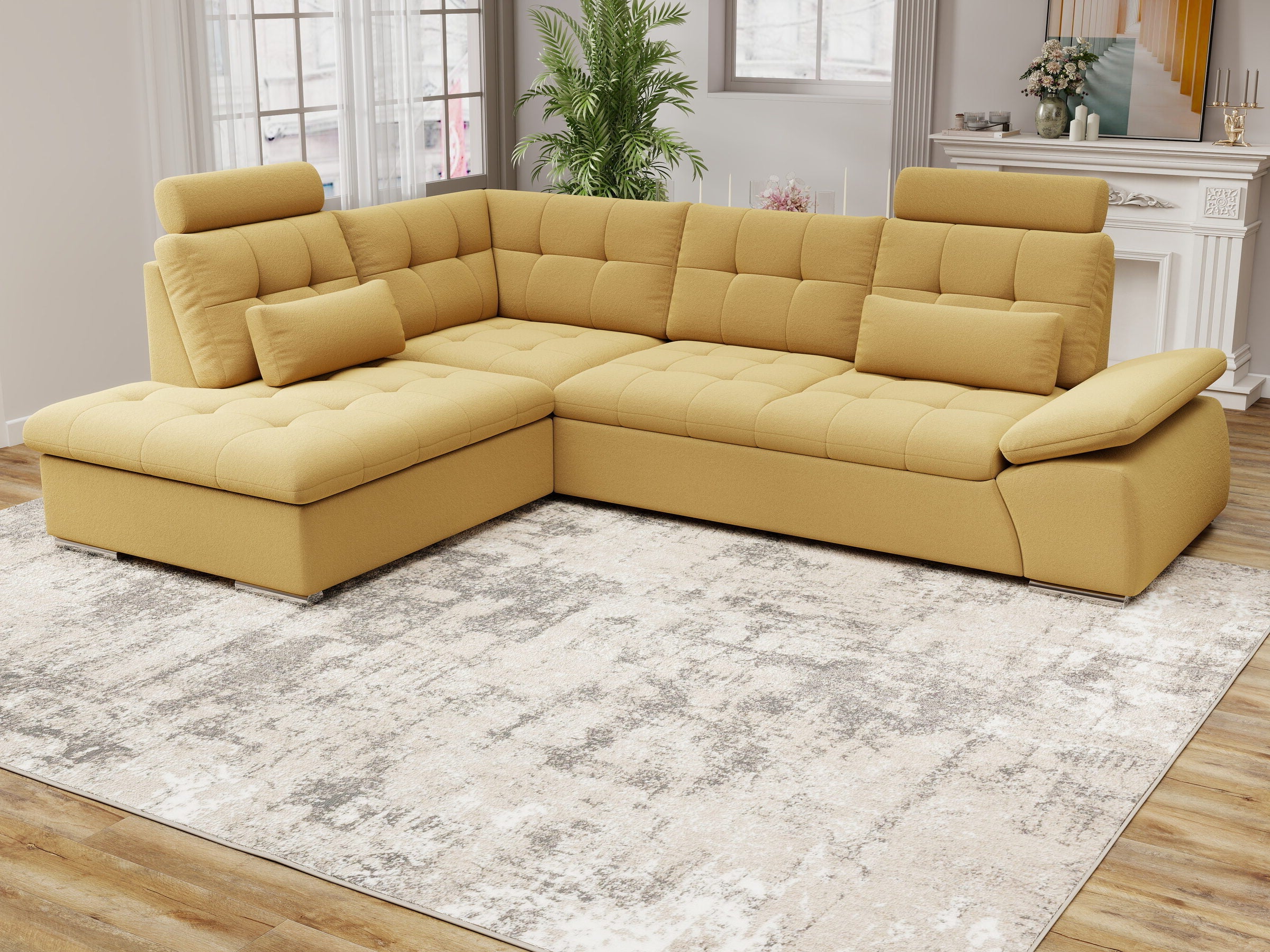 Colțar extensibil dumonde cu ladă de depozitare și șezut confortabil din spumă HR, Merkur XL Royal Mustar 256x217 cm