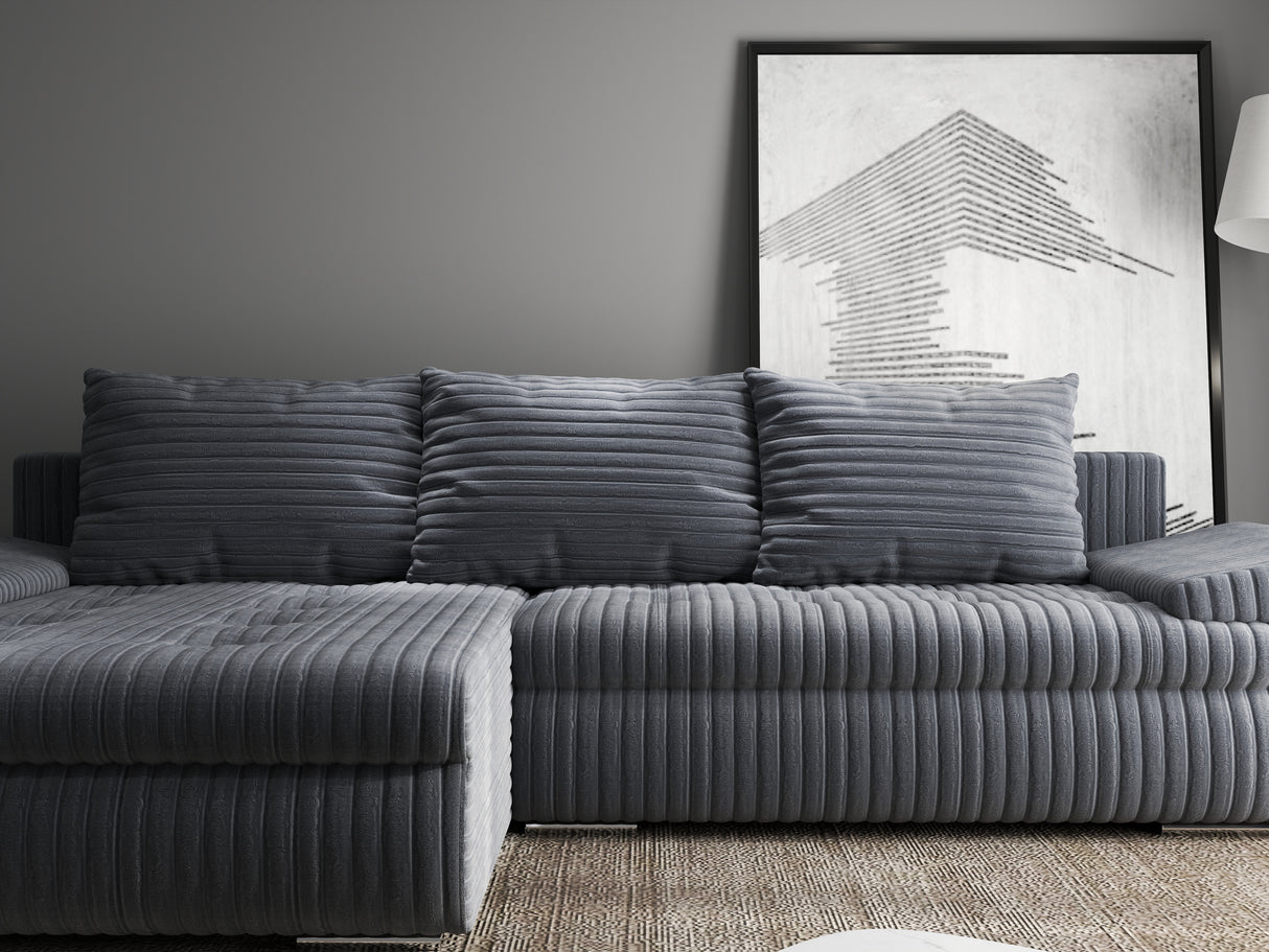 Colțar extensibil dumonde cu ladă de depozitare si sezut confortabil din spuma HR, Leonardo Ambience Gri 255x193 cm