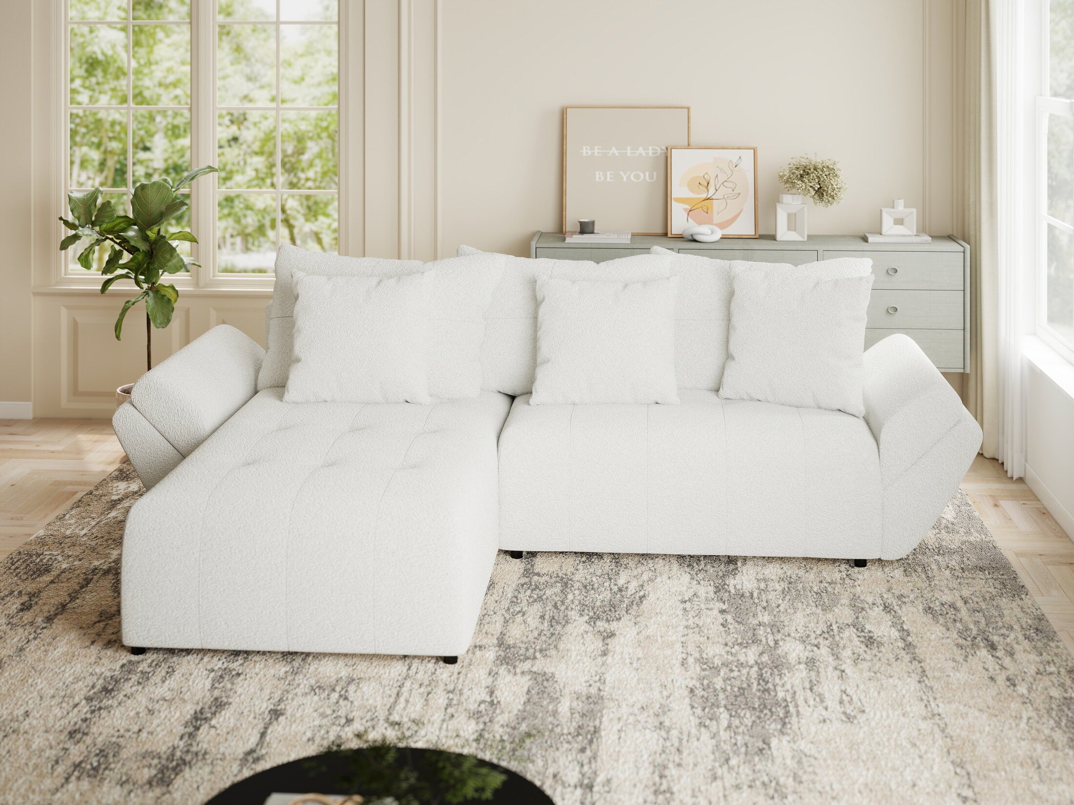 Colțar extensibil dumonde cu ladă de depozitare si sezut confortabil din spuma HR, Berlin Euphoria Alb 280x185 cm