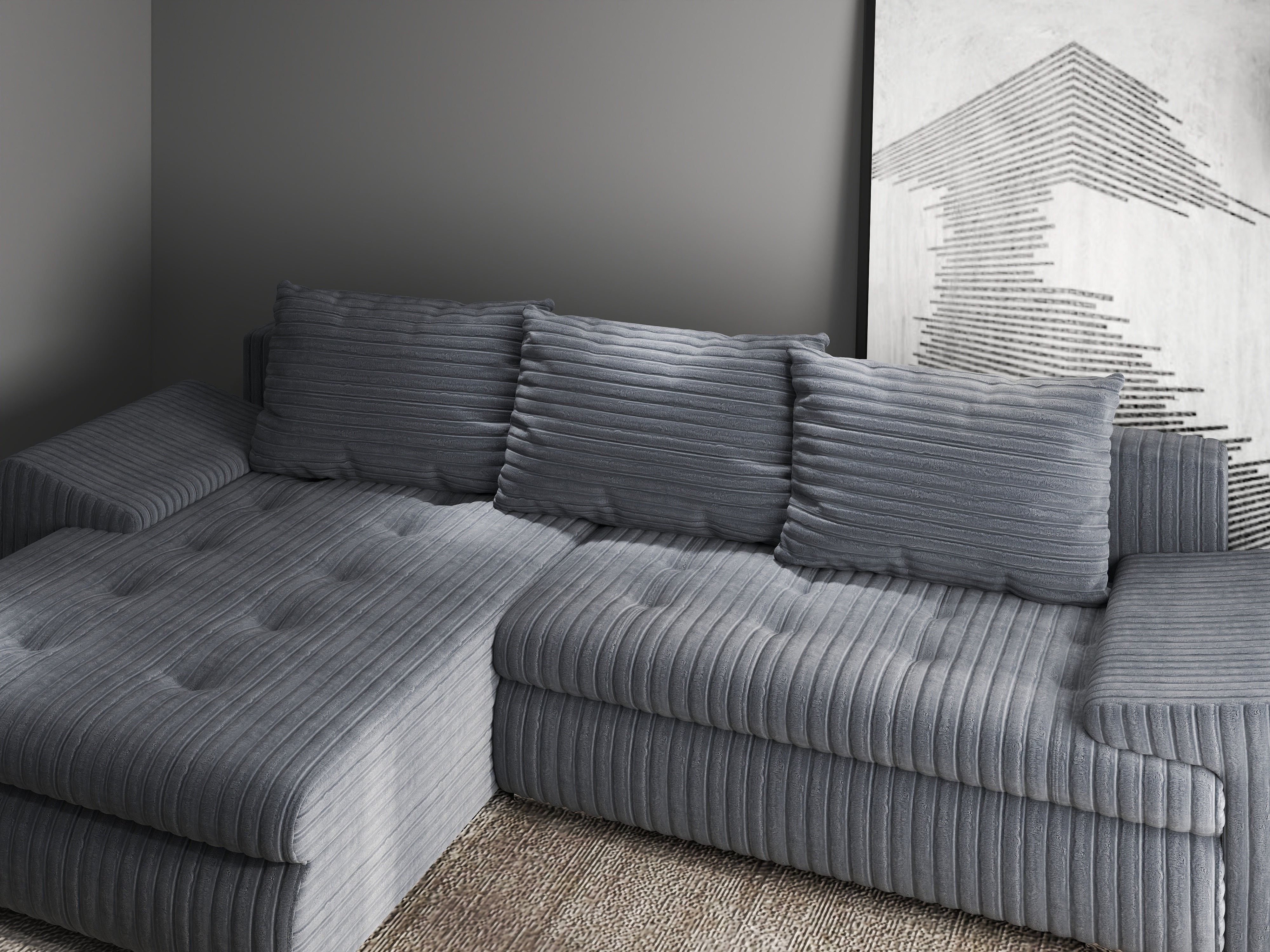 Colțar extensibil dumonde cu ladă de depozitare si sezut confortabil din spuma HR, Leonardo Ambience Gri 255x193 cm Fabrica