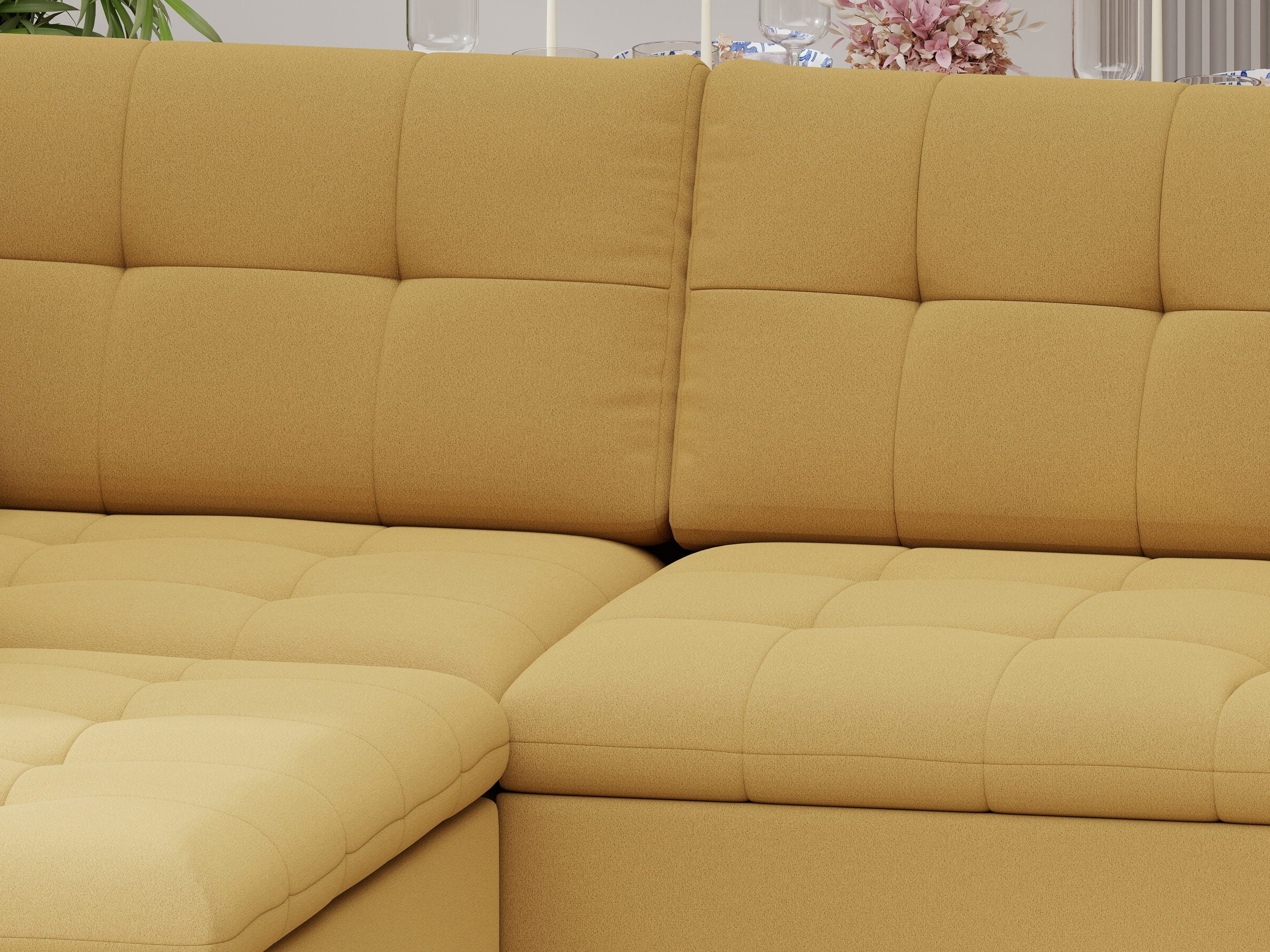 Colțar extensibil dumonde cu ladă de depozitare și șezut confortabil din spumă HR, Merkur XL Royal Mustar 256x217 cm