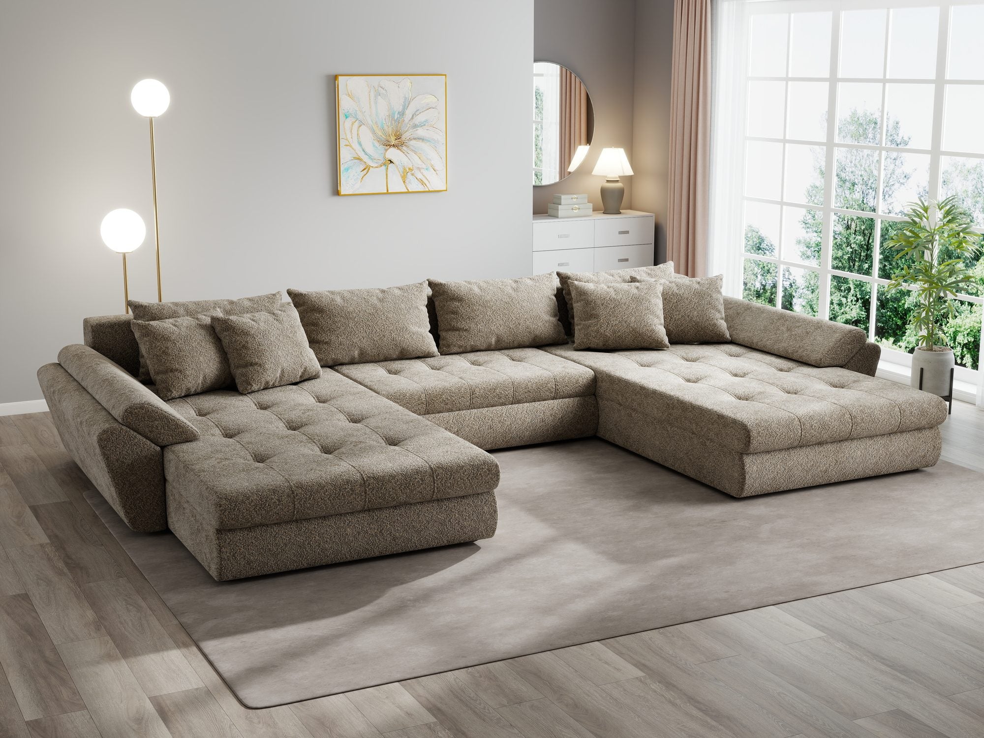 Colțar extensibil dumonde cu ladă de depozitare si sezut confortabil din spuma high-density, Loana U Arena Bej 4 355x185 cm