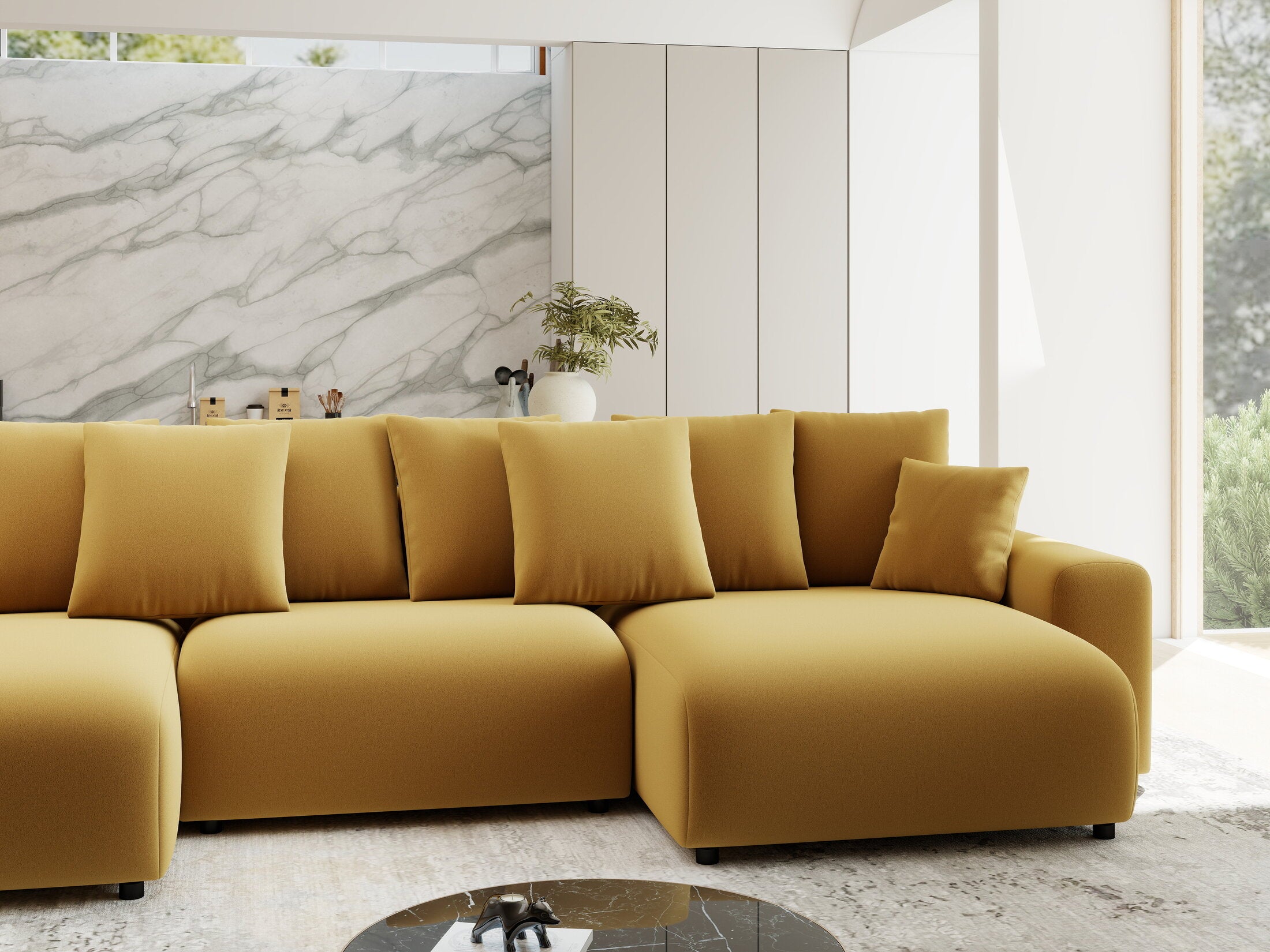 Colțar extensibil dumonde cu ladă de depozitare si sezut confortabil din spuma HR, Luma U Royal Mustar 336x140 cm