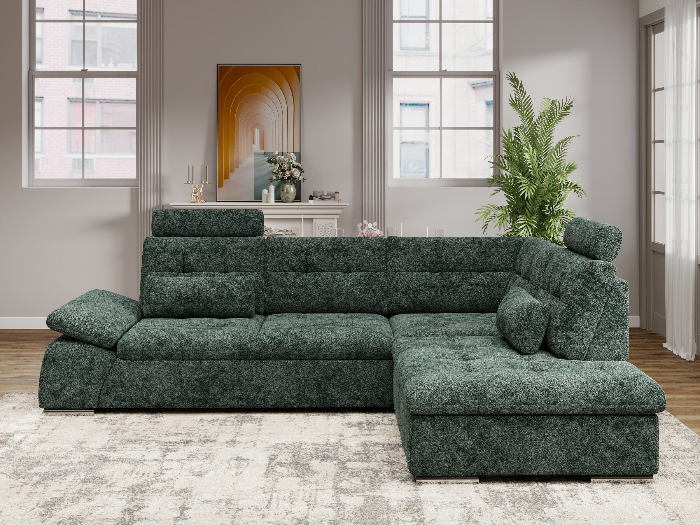 Colțar extensibil dumonde cu ladă de depozitare și șezut confortabil din spumă HR, Merkur XL Euphoria Verde 256x217 cm