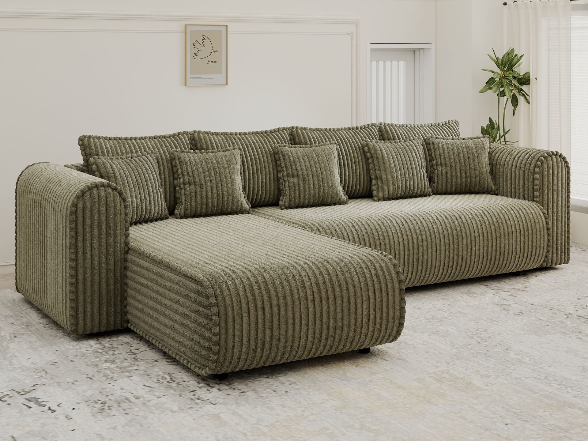 Colțar extensibil dumonde cu ladă de depozitare si sezut confortabil din spuma high-density, Monaco XL Tilia Olive 340x185 cm