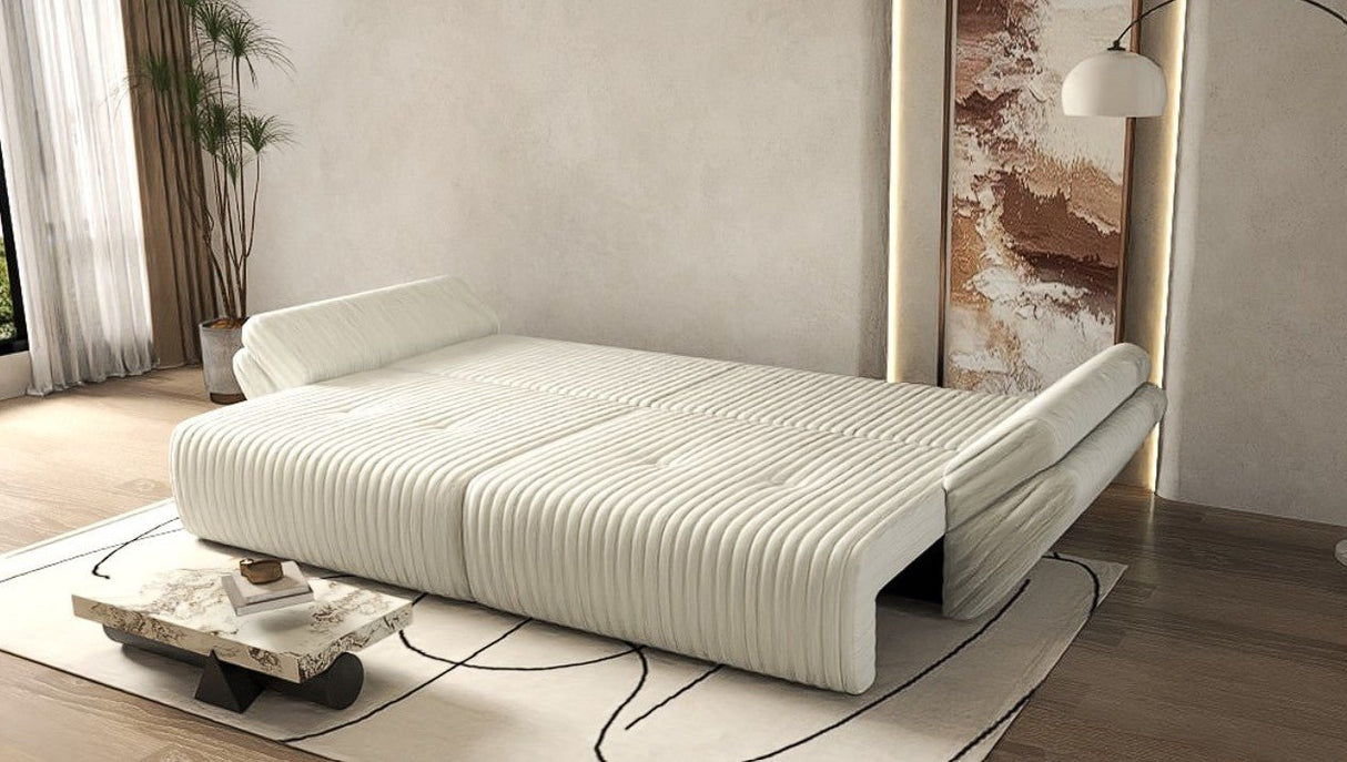Canapea extensibilă dumonde cu ladă de depozitare si sezut confortabil din spuma HR, Berlin Ambience White 300x100 cm Fabrica