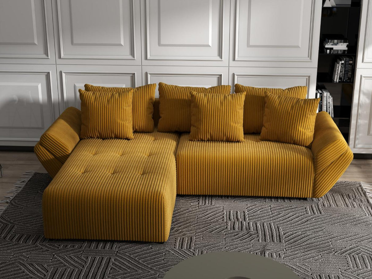 Colțar extensibil dumonde cu ladă de depozitare si sezut confortabil din spuma HR, Berlin Ambience Mustar 280x185 cm Fabrica