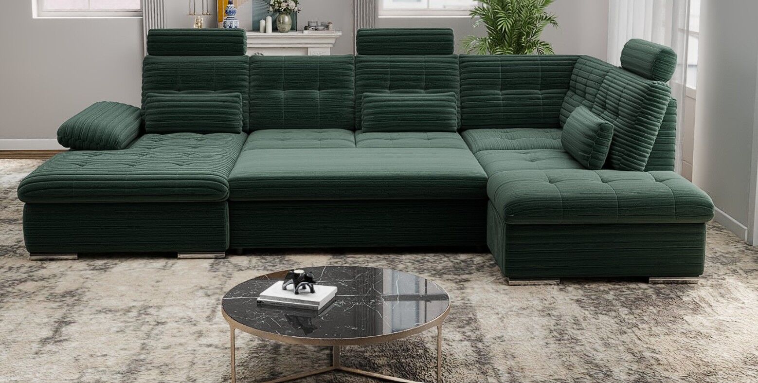 Colțar extensibil dumonde cu ladă de depozitare și șezut confortabil din spumă HR, Merkur U Ambience Verde 324x218 cm