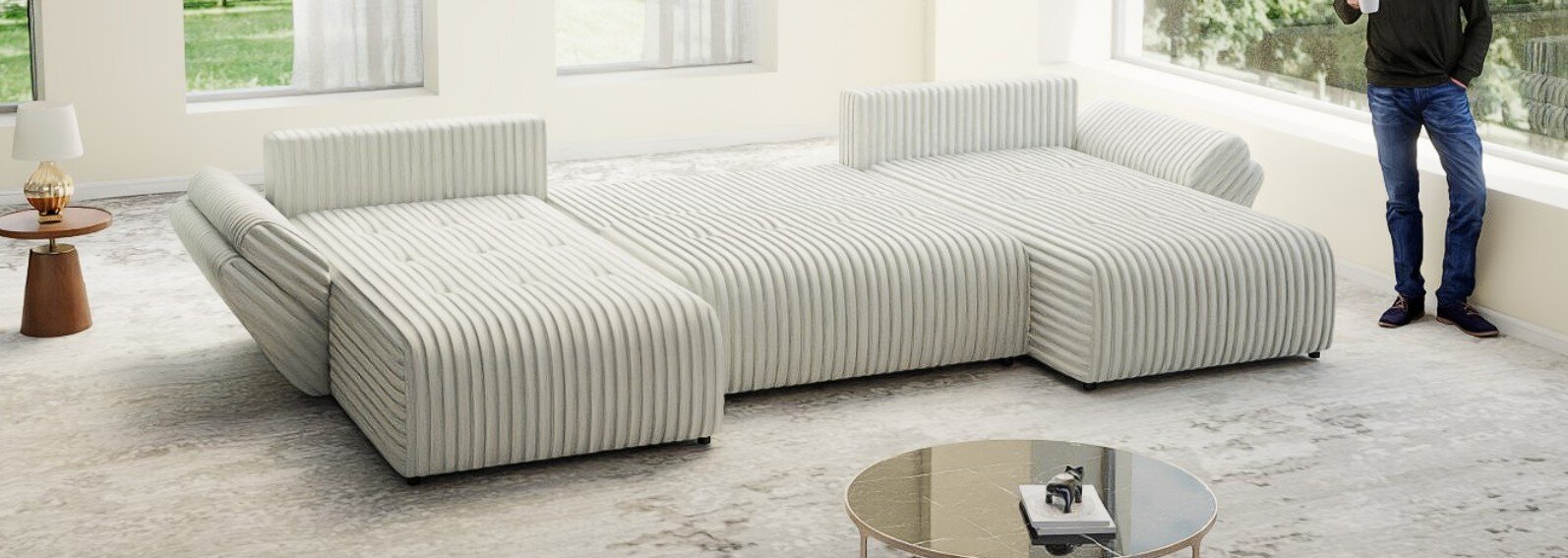 Colțar extensibil dumonde cu ladă de depozitare si sezut confortabil din spuma HR, Berlin U Ambience Ivory 380x180 cm