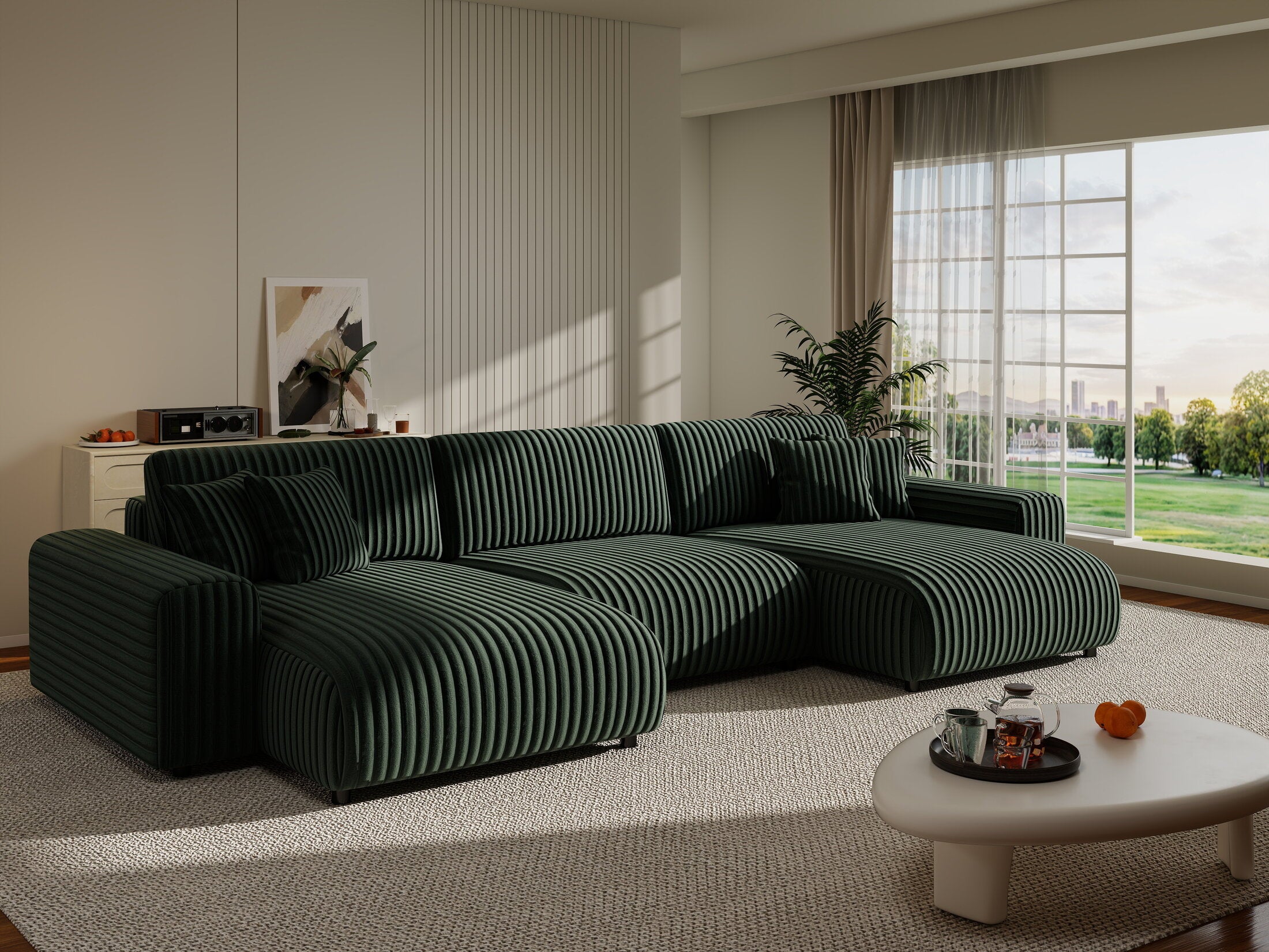 Colțar extensibil dumonde cu ladă de depozitare si sezut confortabil din spuma HR, Sarina U Ambience Verde 350x168 cm