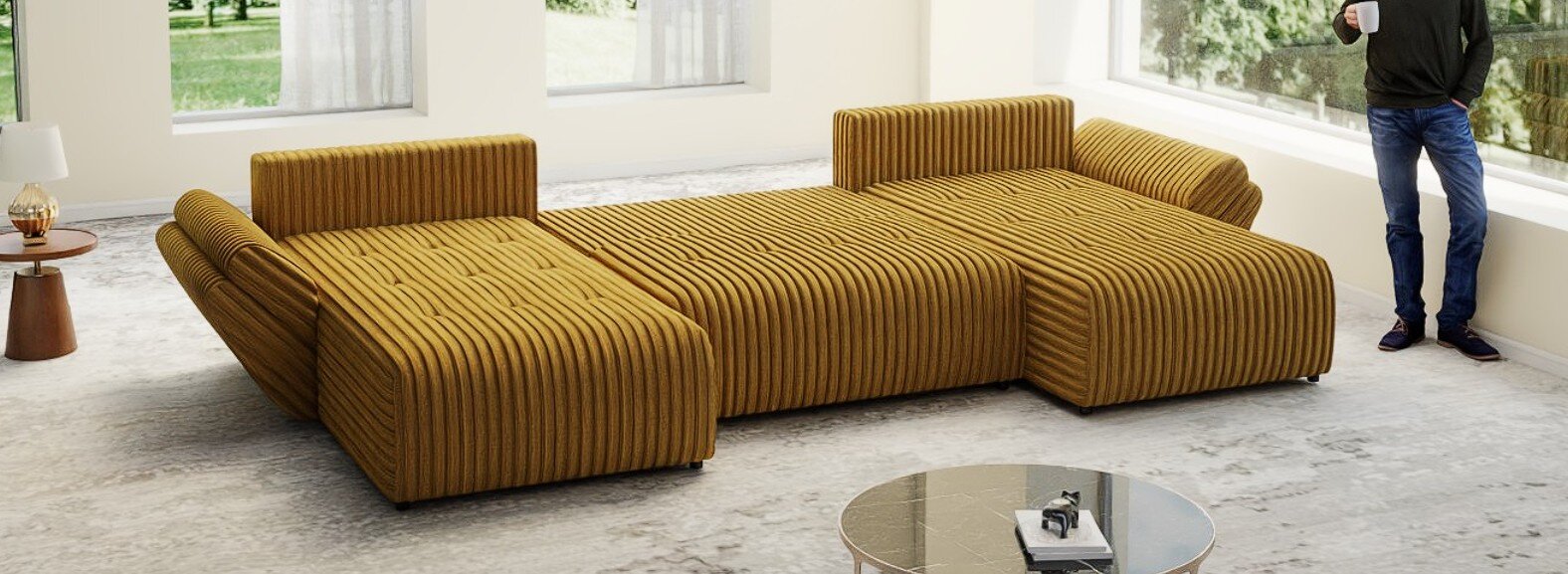 Colțar extensibil dumonde cu ladă de depozitare Berlin U Ambiance Mustar 400x185 cm