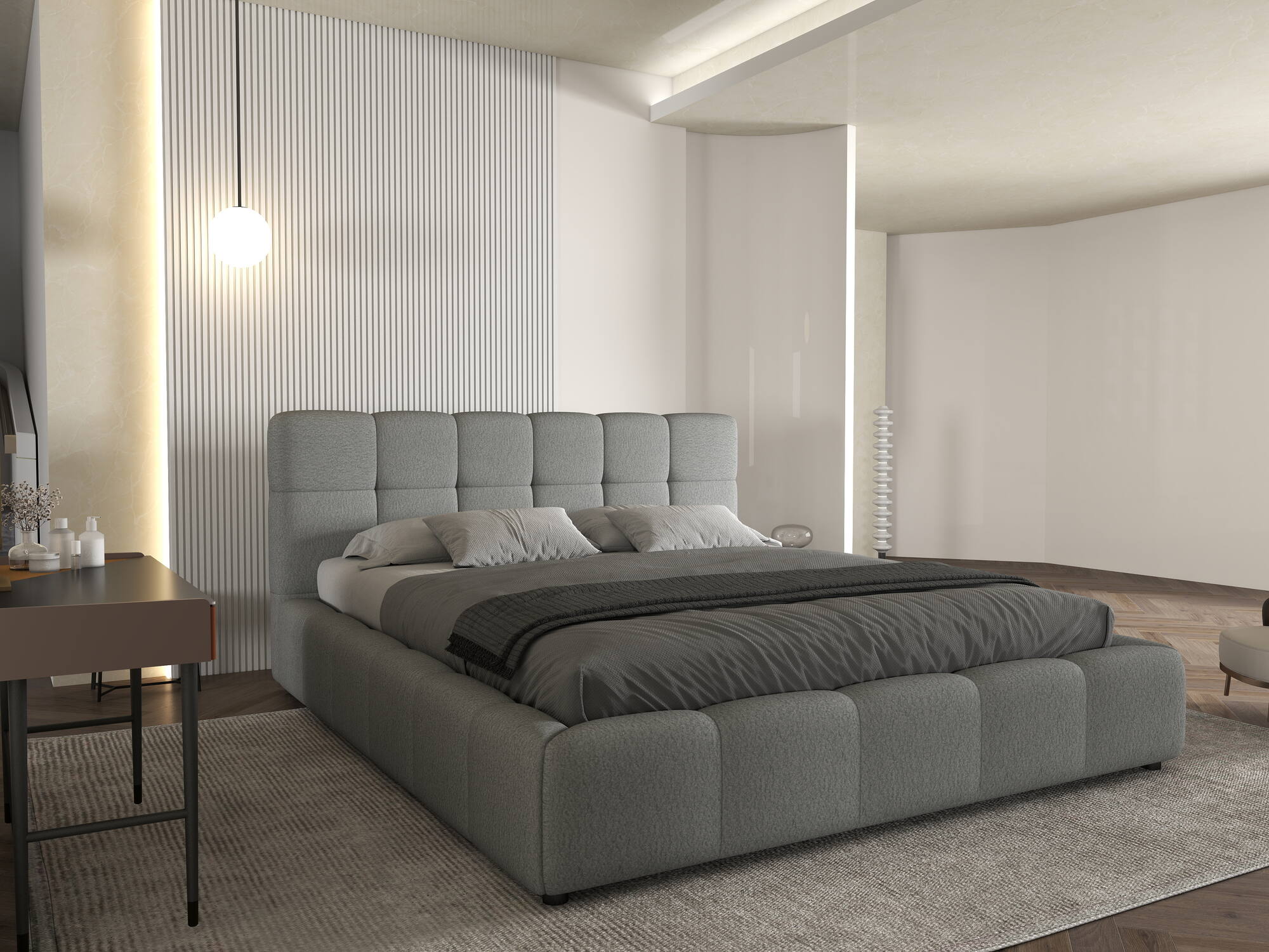 Pat dormitor dumonde, tapitat gri, Lorenzo 180X200 cm, somiera rabatabila inclusa, spatiu depozitare