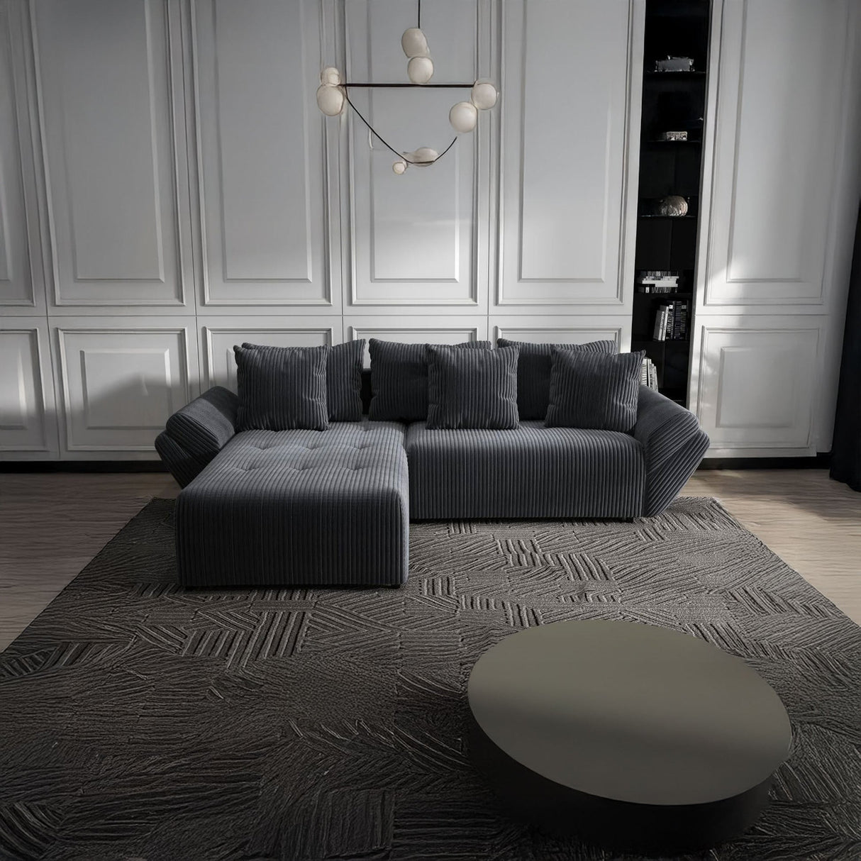 Colțar extensibil dumonde cu ladă de depozitare si sezut confortabil din spuma HR, Berlin Ambience Gri 280x185 cm Fabrica