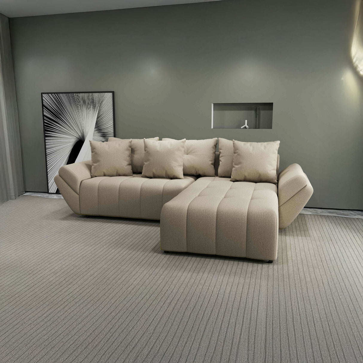 Colțar extensibil dumonde cu ladă de depozitare si sezut confortabil din spuma HR, Berlin Enjoy Beige 280x185 cm II Fabrica