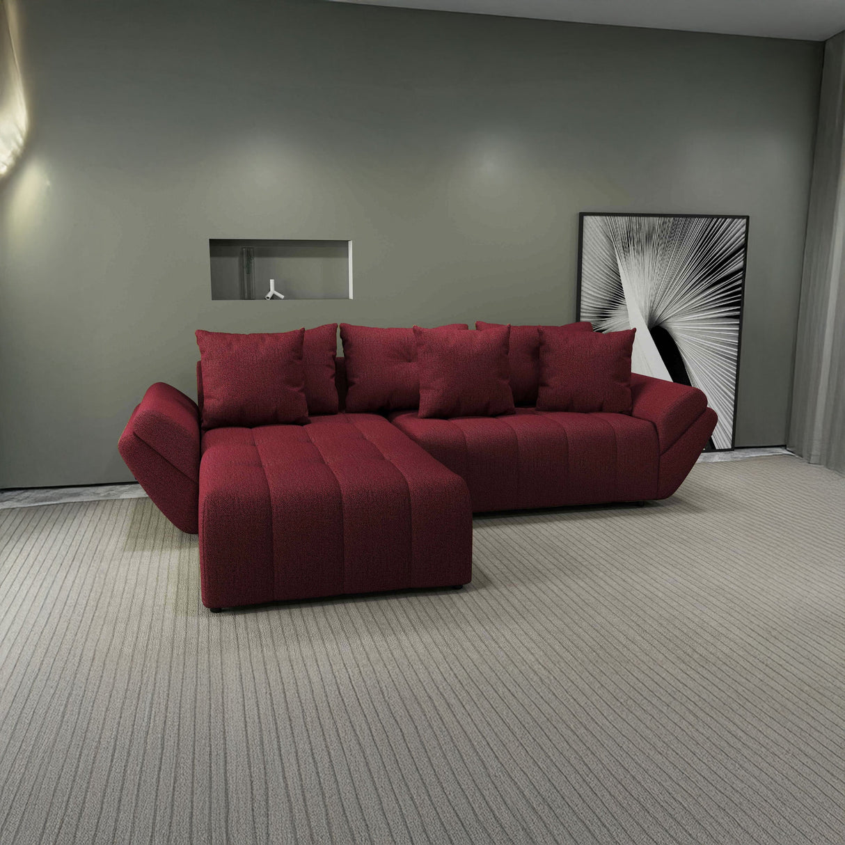 Colțar extensibil dumonde cu ladă de depozitare si sezut confortabil din spuma HR, Berlin Enjoy Rosu 280x185 cm Fabrica