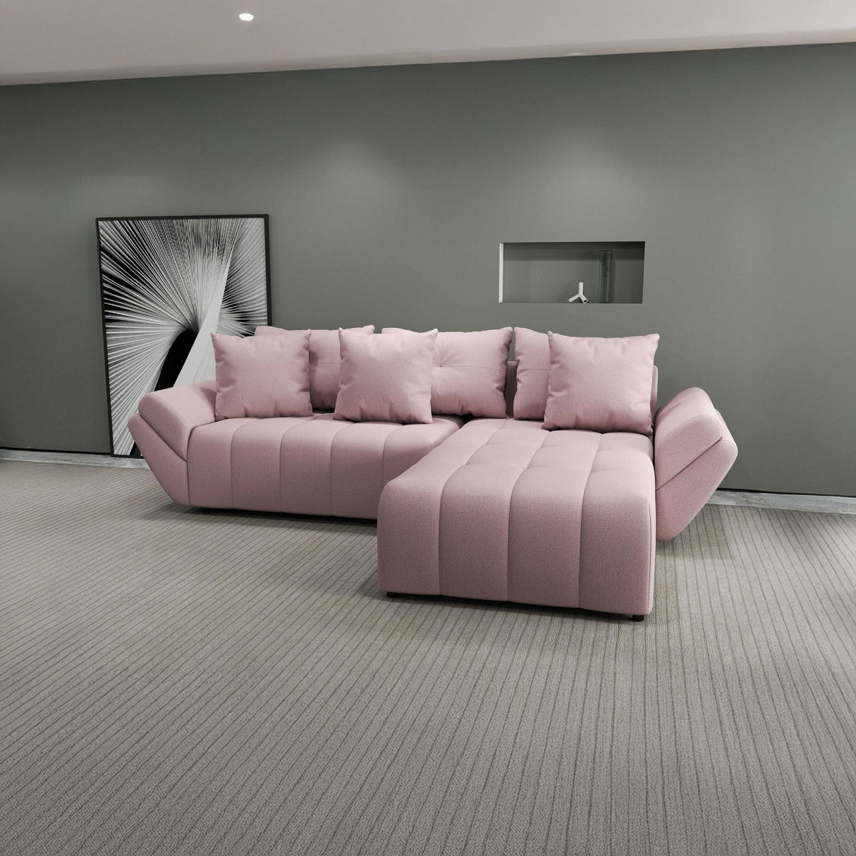 Colțar extensibil dumonde cu ladă de depozitare si sezut confortabil din spuma HR, Berlin Enjoy Roz 280x185 cm II Fabrica