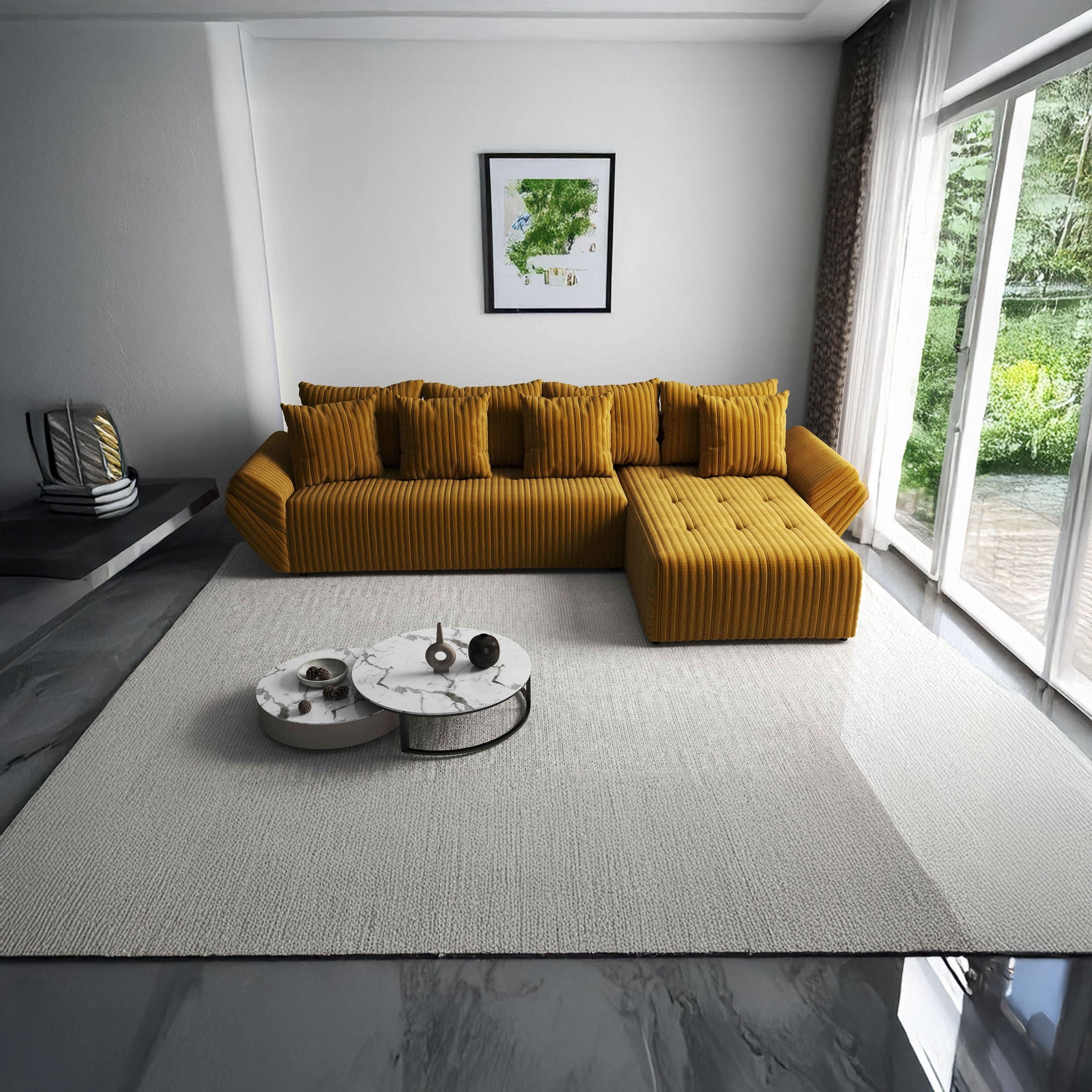 Colțar extensibil dumonde cu ladă de depozitare si sezut confortabil din spuma HR, Berlin XL Ambience Mustar II 350x185 cm Fabrica