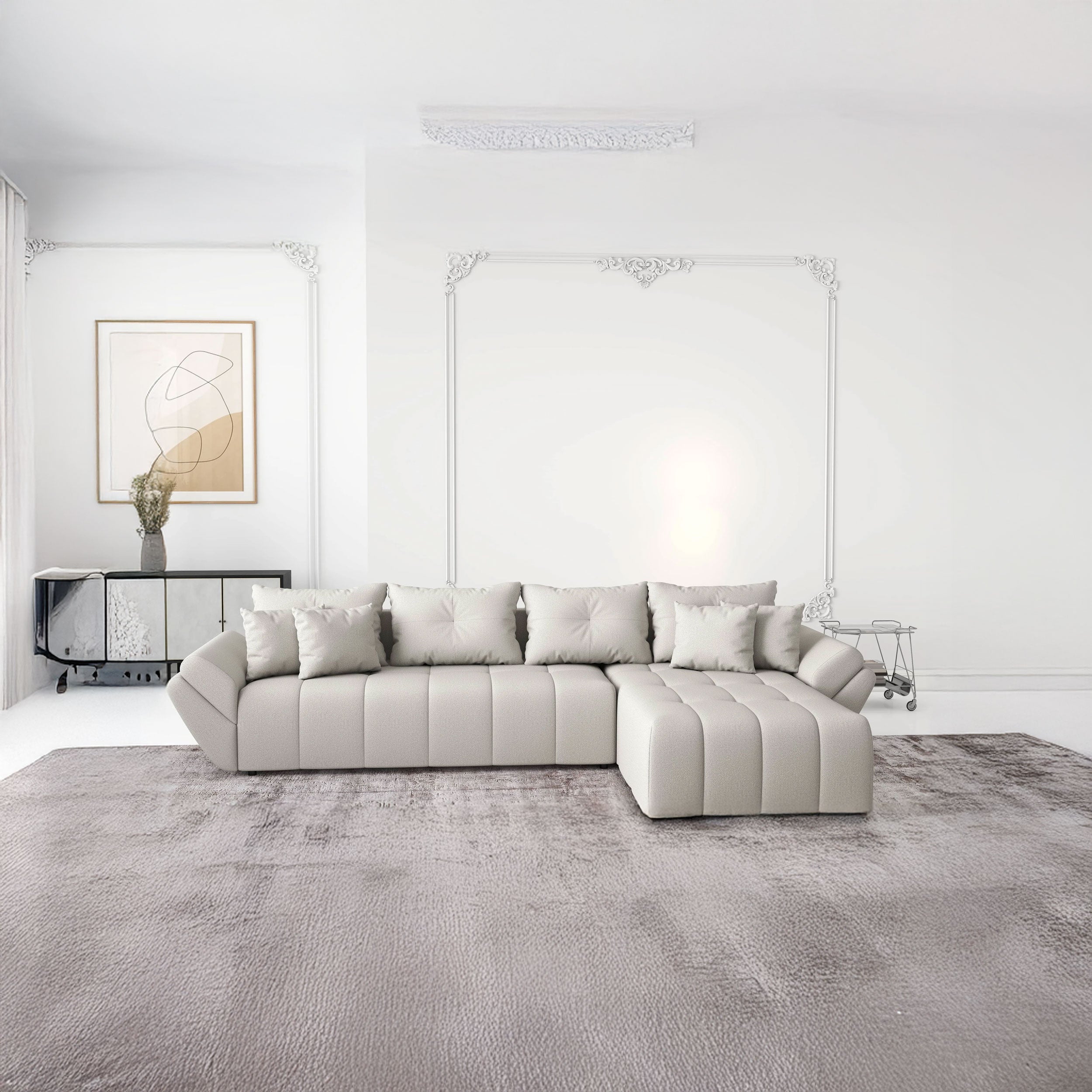 Colțar extensibil dumonde cu ladă de depozitare si sezut confortabil din spuma HR, Berlin XL Enjoy Beige 350x185 cm II Fabrica