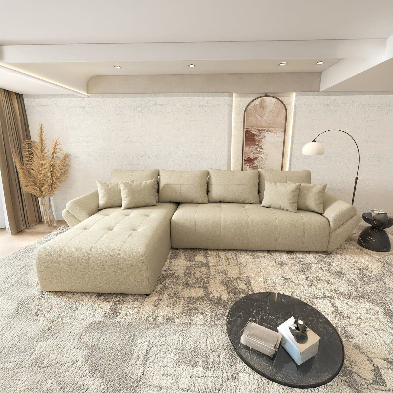 Colțar extensibil dumonde cu ladă de depozitare si sezut confortabil din spuma HR, Berlin XL Enjoy Camel 350x185 cm