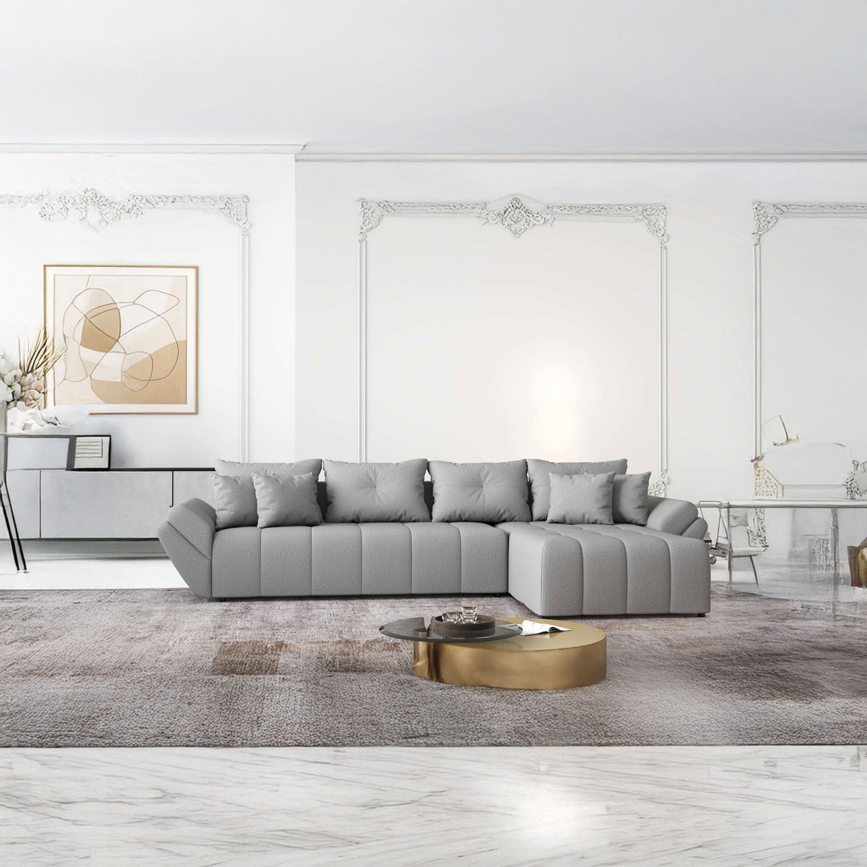 Colțar extensibil dumonde cu ladă de depozitare si sezut confortabil din spuma HR, Berlin XL Enjoy Lux Grey 350x185 cm II Fabrica