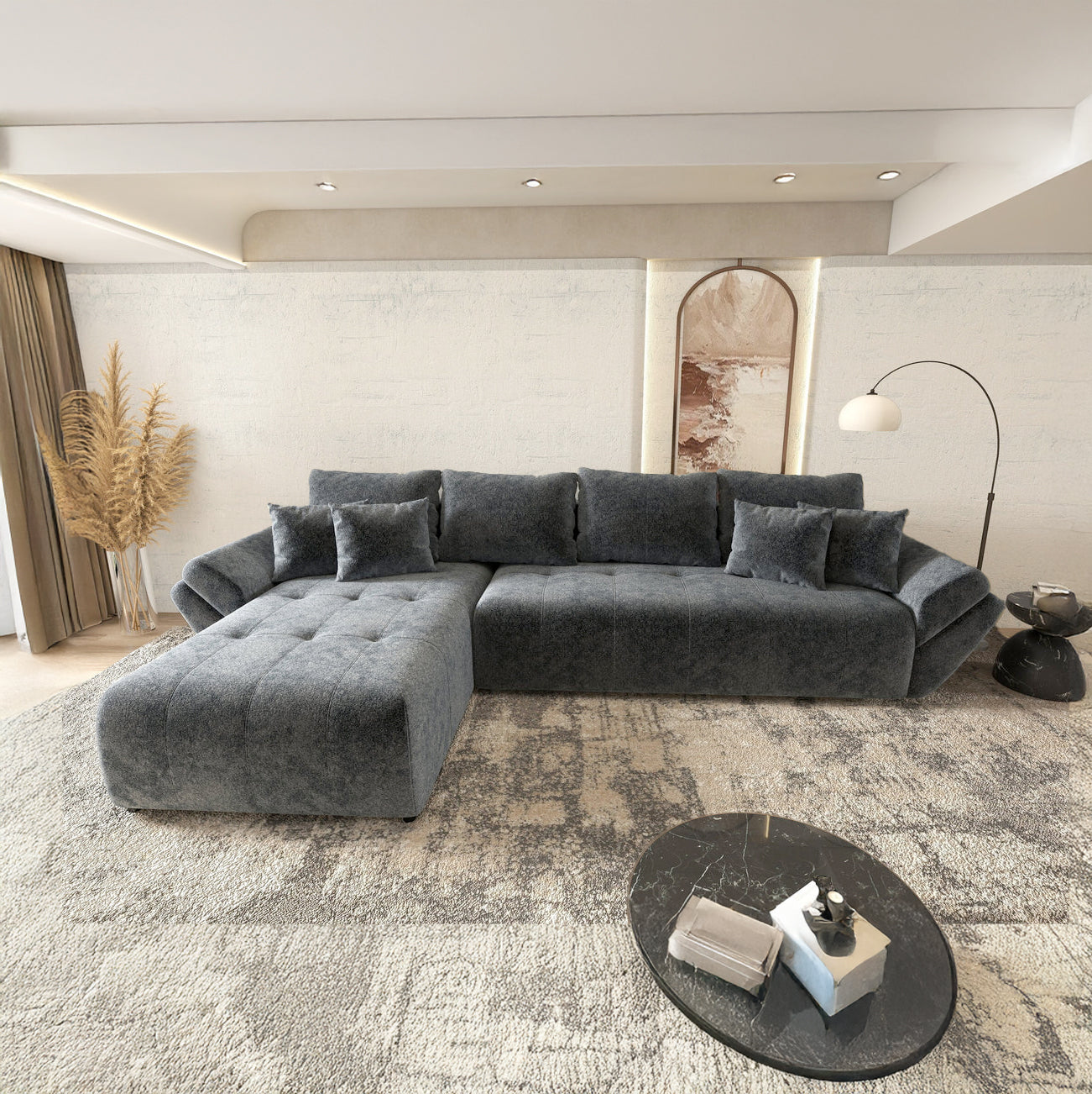 Colțar extensibil dumonde cu ladă de depozitare si sezut confortabil din spuma HR, Berlin XL Euphoria Graphite 350x185 cm