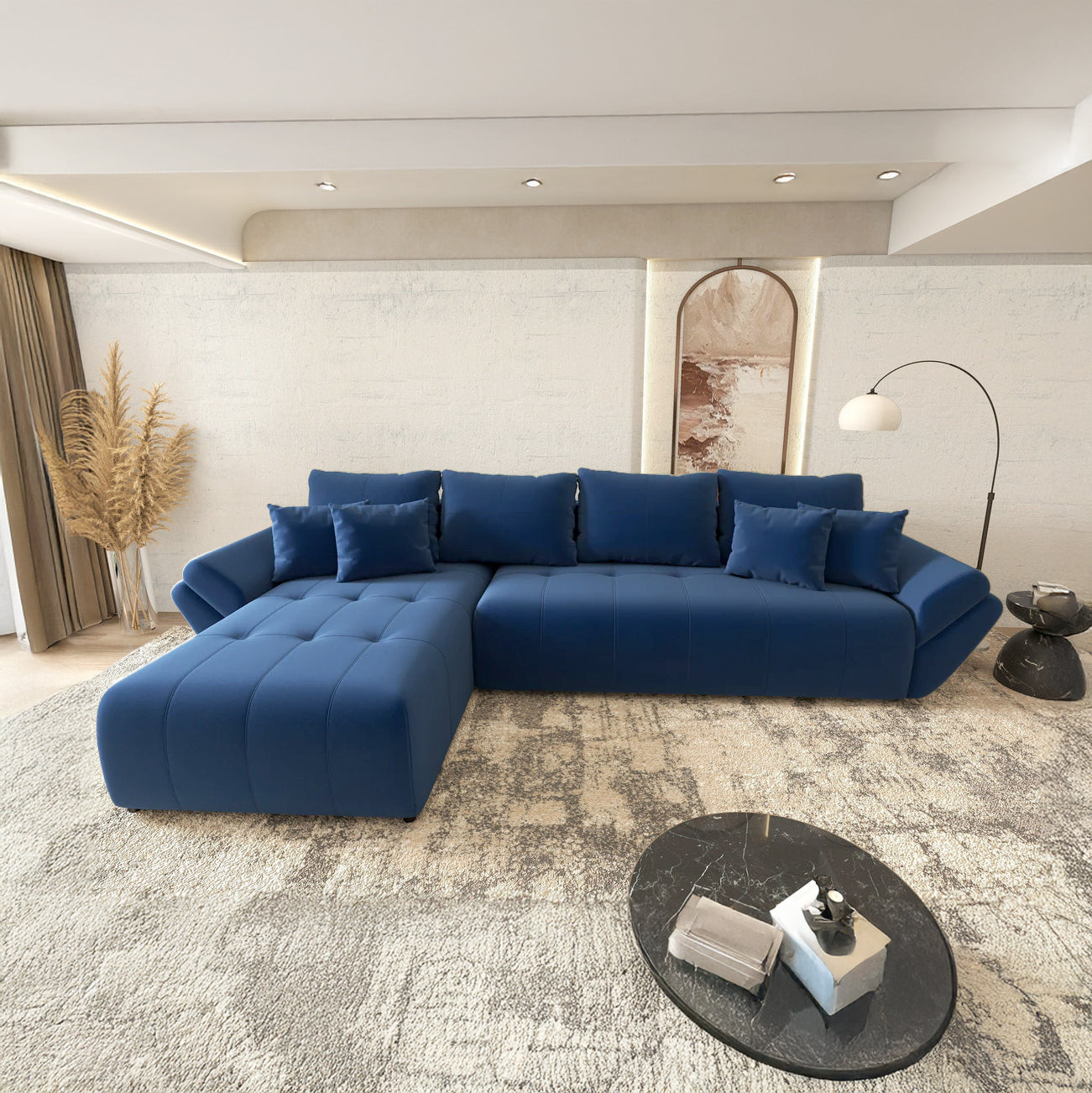 Colțar extensibil dumonde cu ladă de depozitare si sezut confortabil din spuma HR, Berlin XL Royal Albastru 350x185 cm