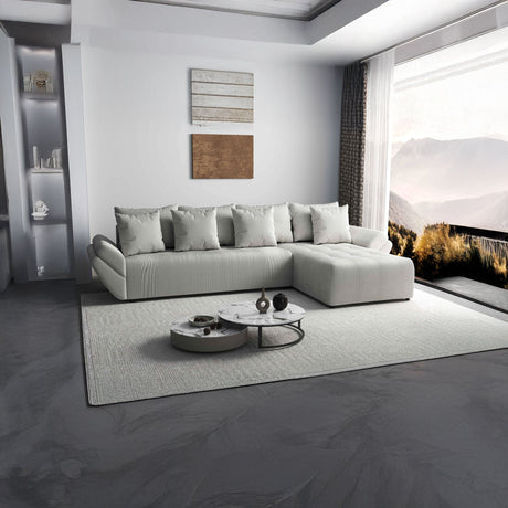 Colțar extensibil dumonde cu ladă de depozitare si sezut confortabil din spuma HR, Berlin XL Zoom Pearl 350x185 cm II Fabrica