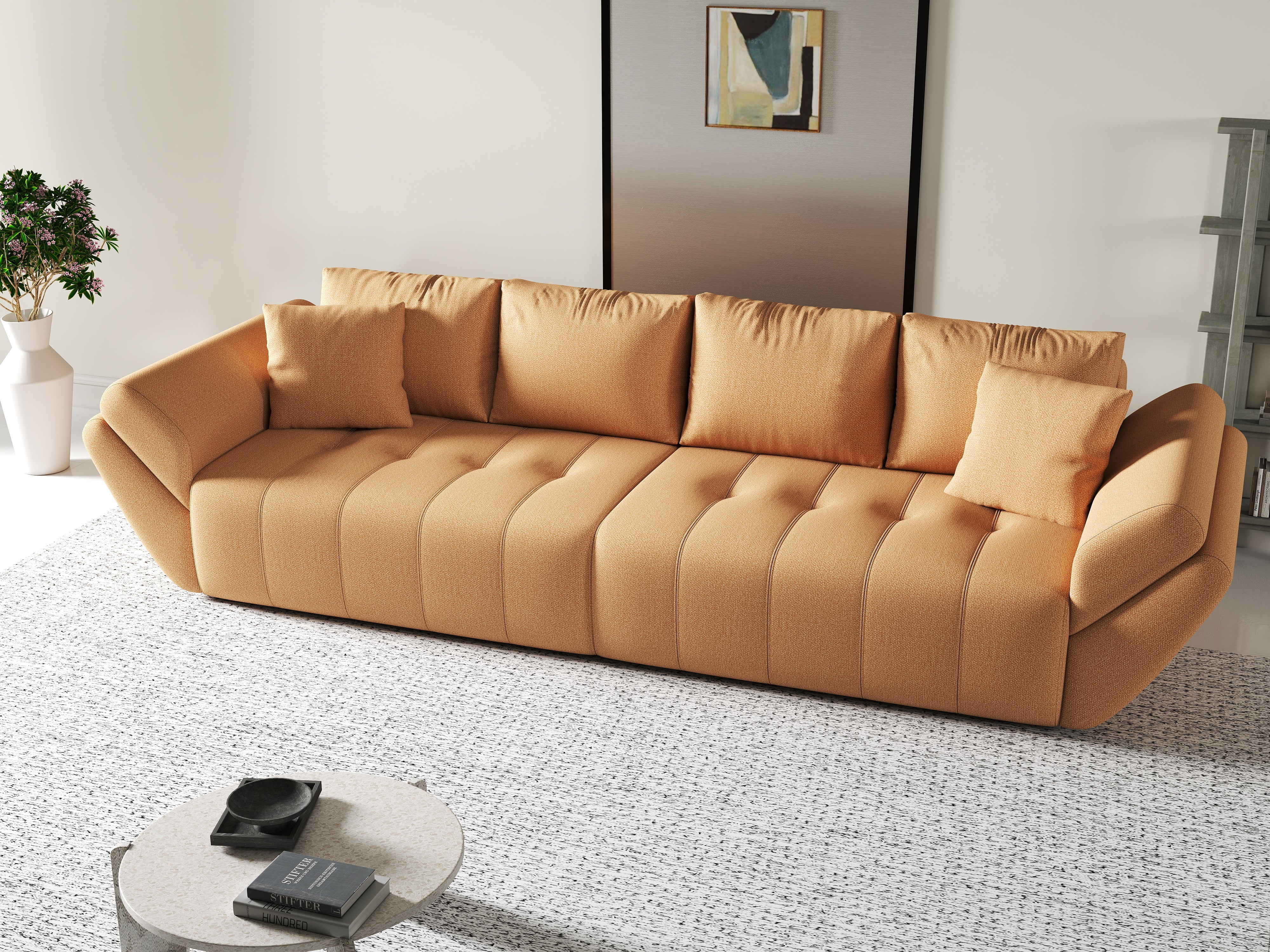 Canapea extensibilă dumonde cu ladă de depozitare si sezut confortabil din spuma HR, Berlin Portocaliu 300x100 cm Fabrica