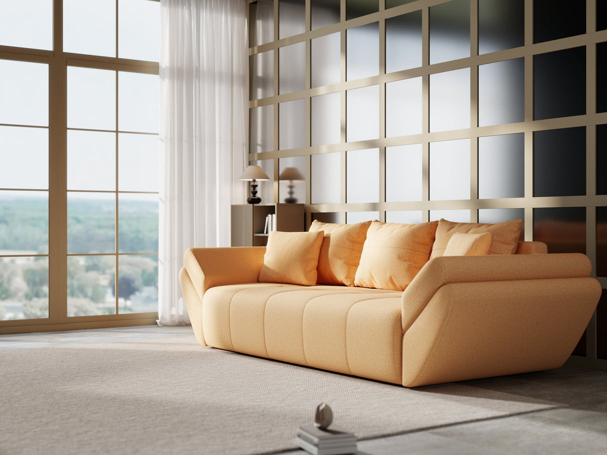 Canapea extensibilă dumonde cu ladă de depozitare si sezut confortabil din spuma HR, Berlin Mango 250x100 cm Fabrica