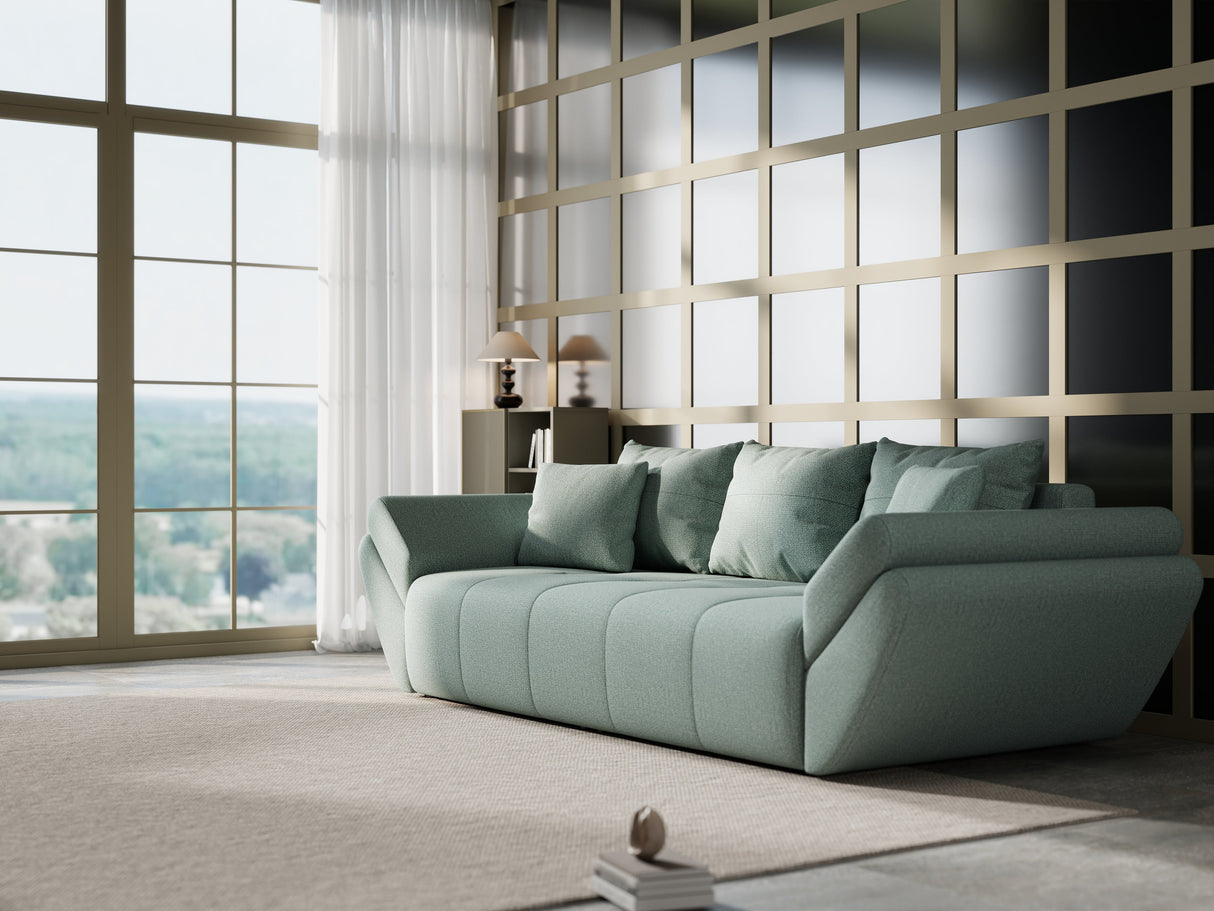 Canapea extensibilă dumonde cu ladă de depozitare si sezut confortabil din spuma HR, Berlin Mint 250x100 cm Fabrica