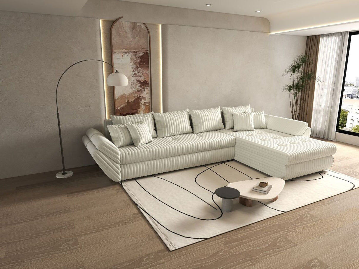 Colțar extensibil dumonde cu ladă de depozitare si sezut confortabil din spuma HR, Loana XL Ambience Alb II 335x185 cm Fabrica