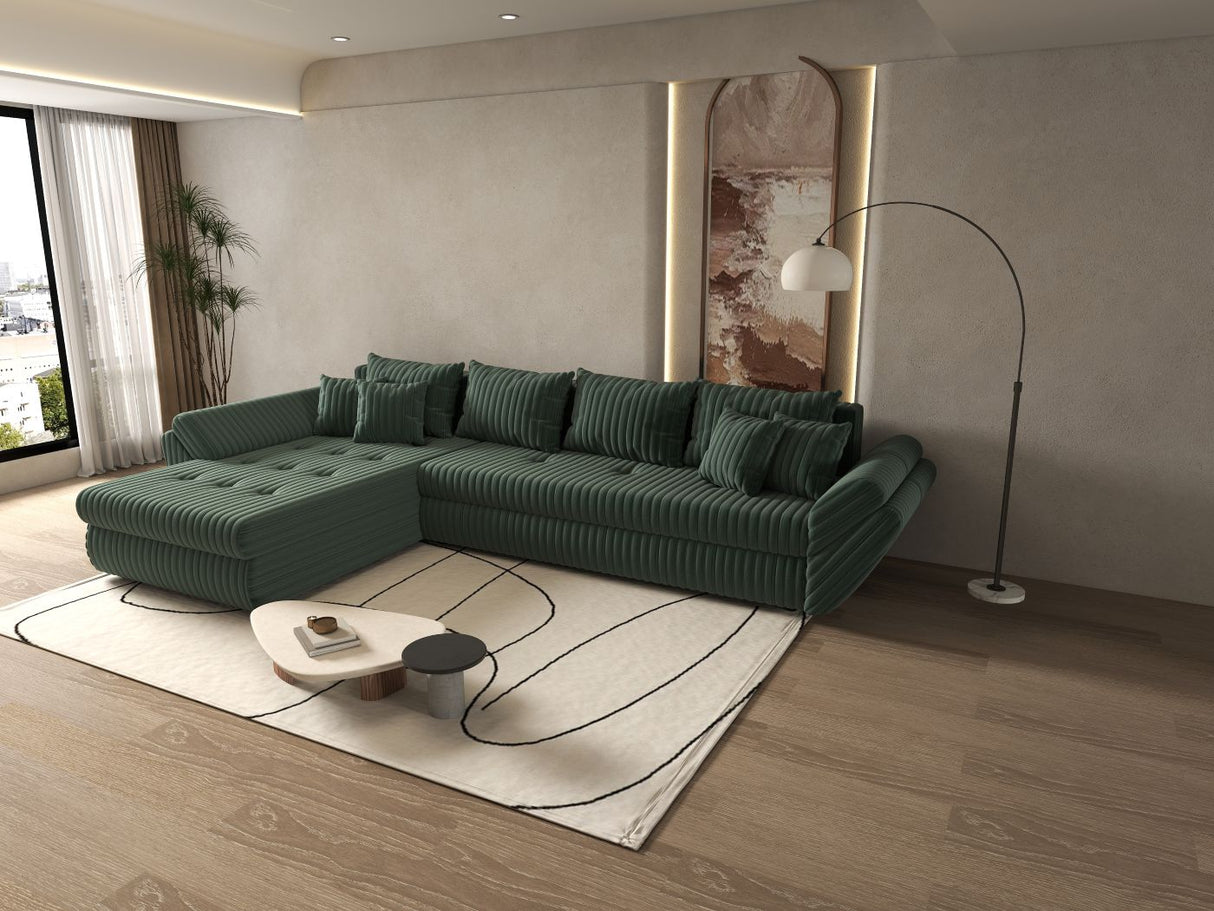 Colțar extensibil dumonde cu ladă de depozitare si sezut confortabil din spuma HR, Loana XL Ambience Verde 335x185 cm Fabrica