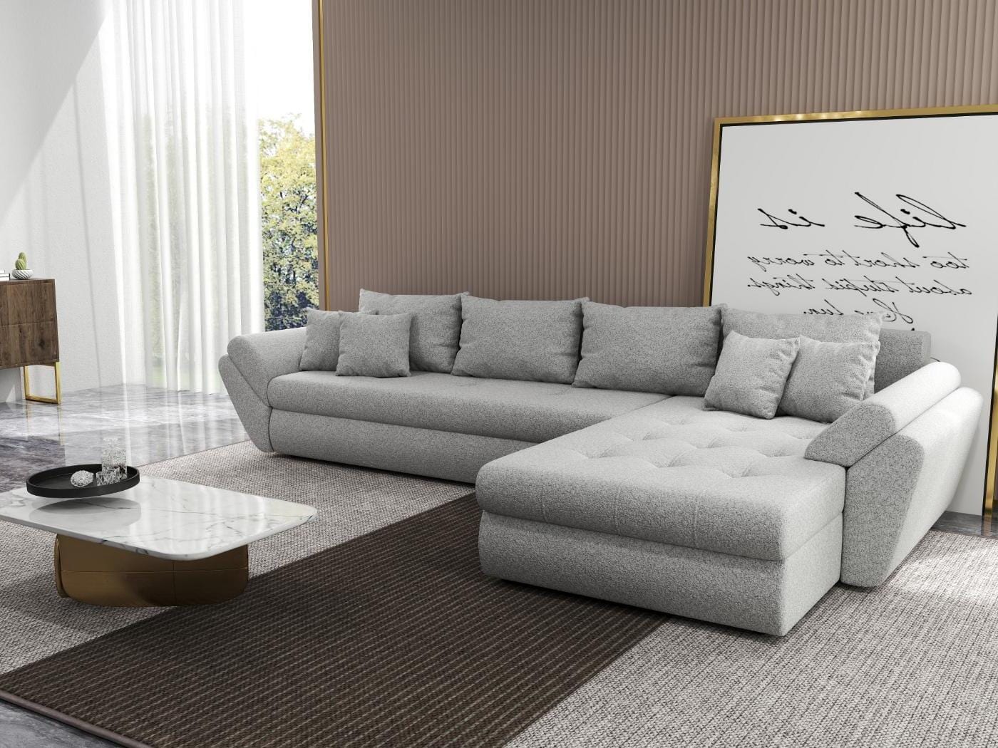 Colțar extensibil dumonde cu ladă de depozitare si sezut confortabil din spuma HR, Loana XL Euphoria Dove II 335x185 cm Fabrica