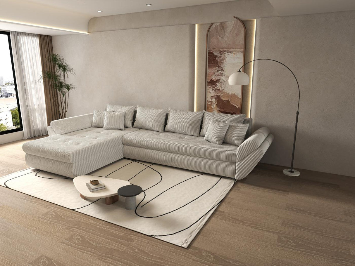 Colțar extensibil dumonde cu ladă de depozitare si sezut confortabil din spuma HR, Loana XL Zoom Gri 335x185 cm Fabrica