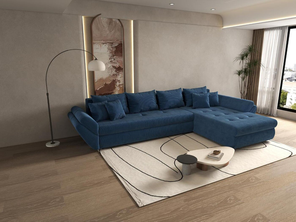 Colțar extensibil dumonde cu ladă de depozitare si sezut confortabil din spuma HR, Loana XL Zoom Albastru II 335x185 cm Fabrica