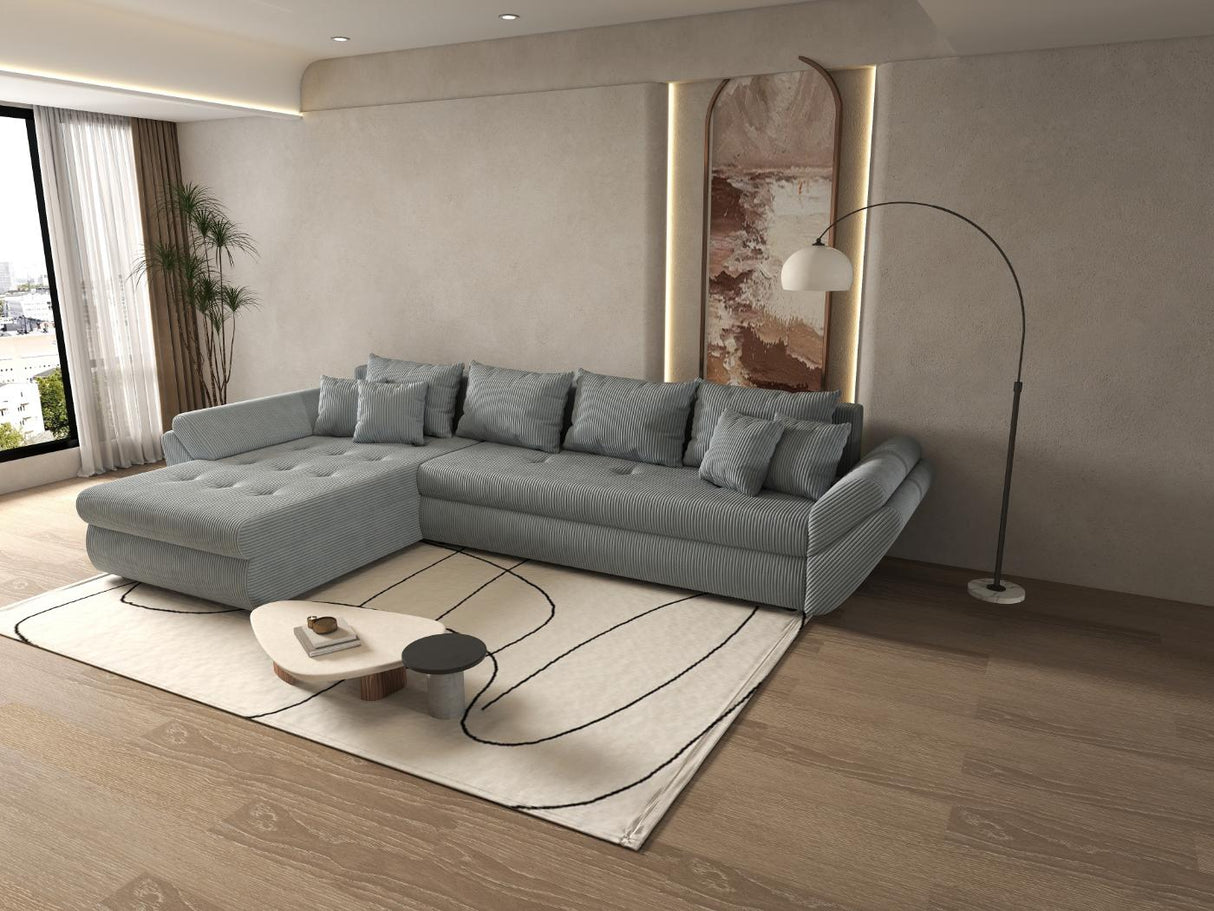 Colțar extensibil dumonde cu ladă de depozitare si sezut confortabil din spuma HR, Loana XL Zoom Gri 335x185 cm Fabrica