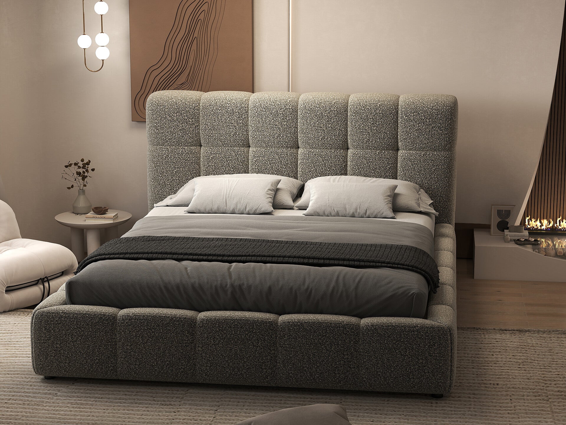 Pat dormitor dumonde, tapitat gri, Lorenzo 140x200 cm, somiera rabatabila inclusa, spatiu depozitare