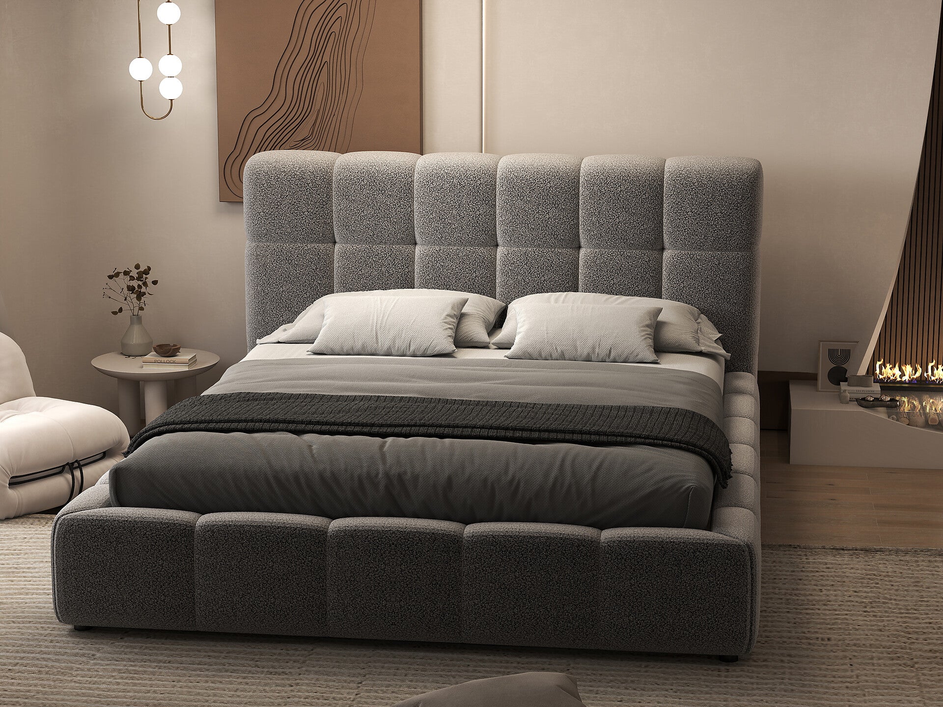 Pat dormitor dumonde, tapitat alb, Lorenzo 160x200 cm, somiera rabatabila inclusa, spatiu depozitare