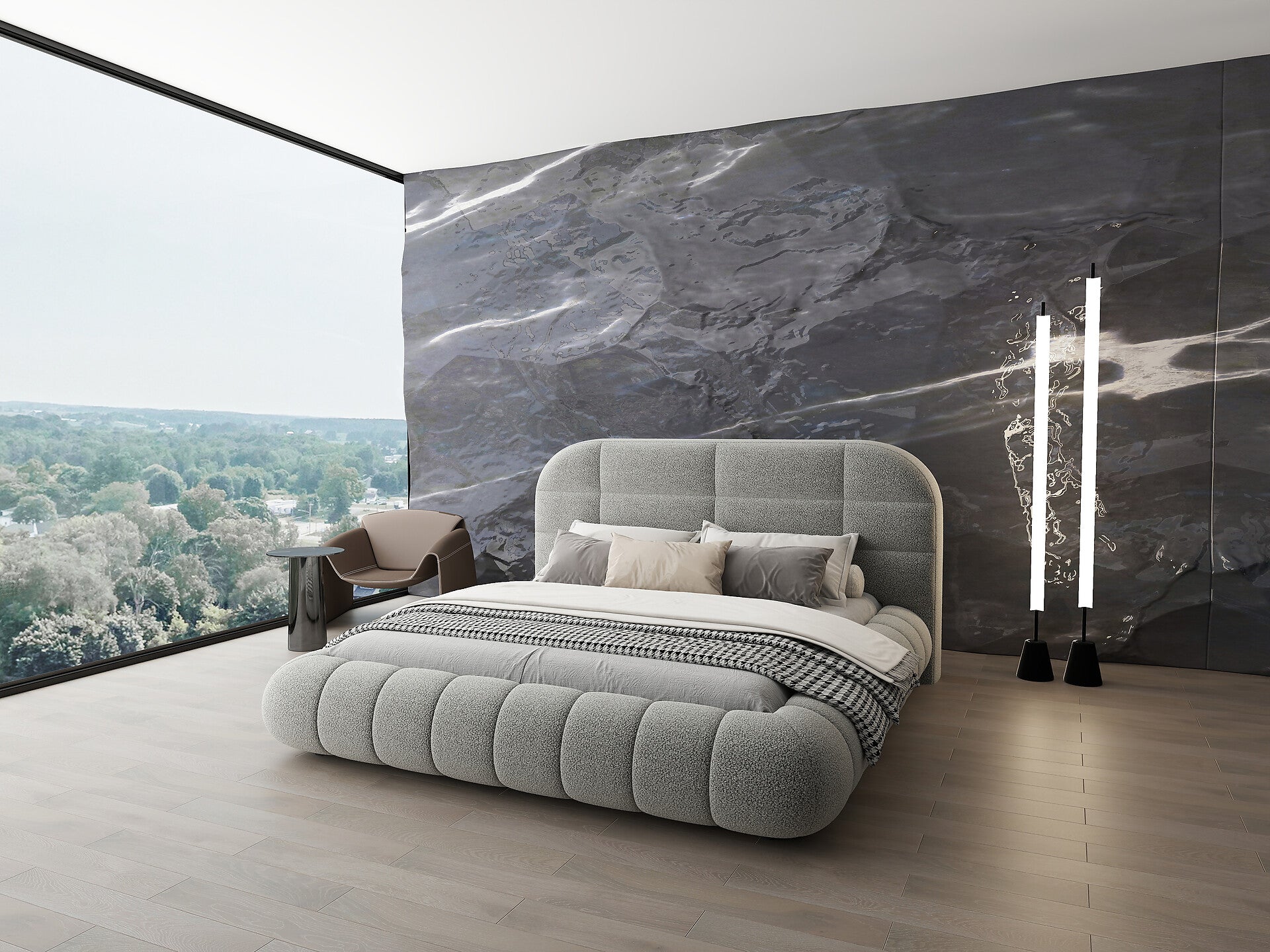 Pat dormitor dumonde, tapitat gri, Senso 160x200 cm, somiera rabatabila inclusa, spatiu depozitare