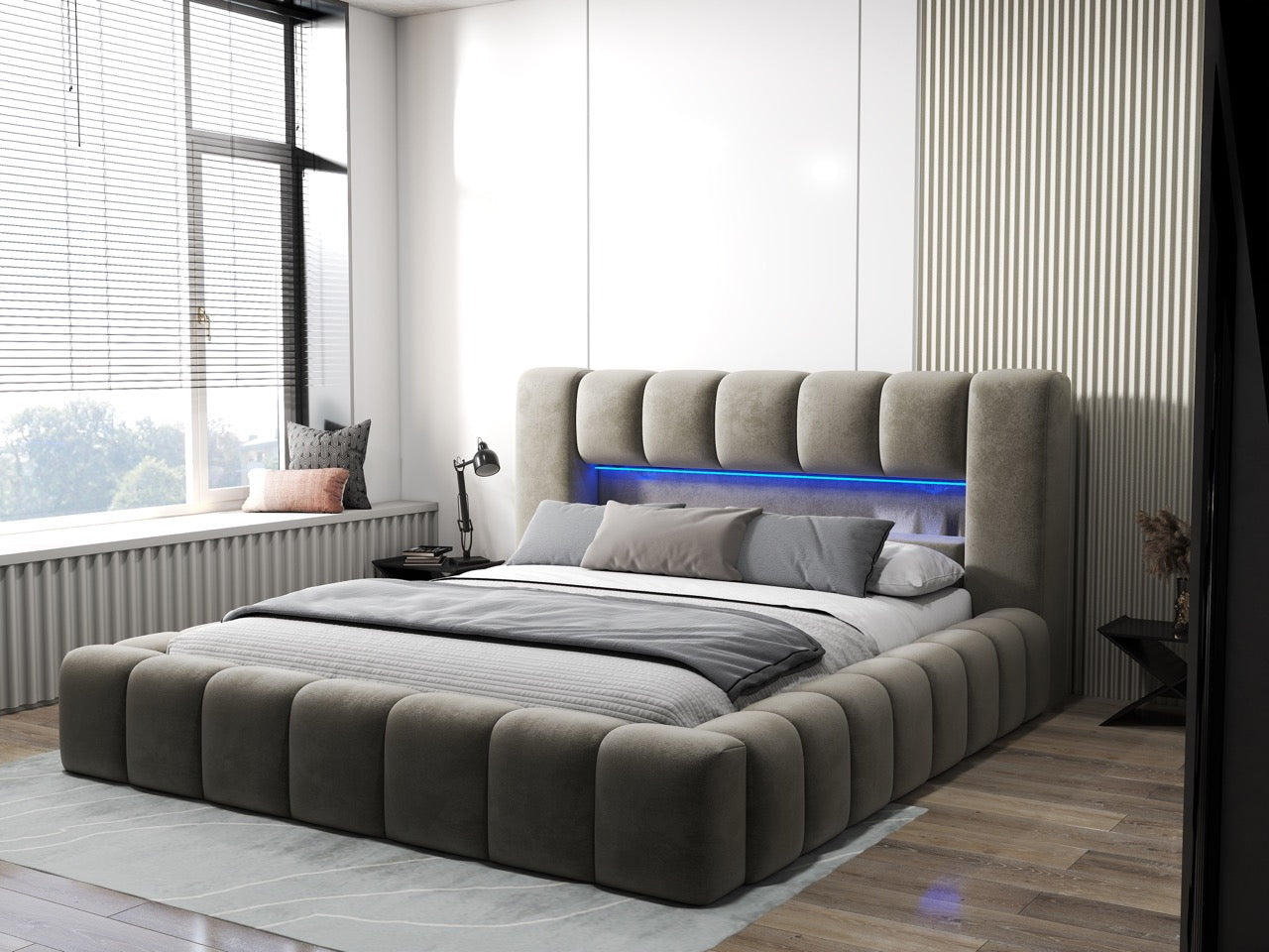 Pat dormitor dumonde, tapitat bej cu LED si USB, Palermo 160x200 cm, somiera rabatabila inclusa, spatiu depozitare