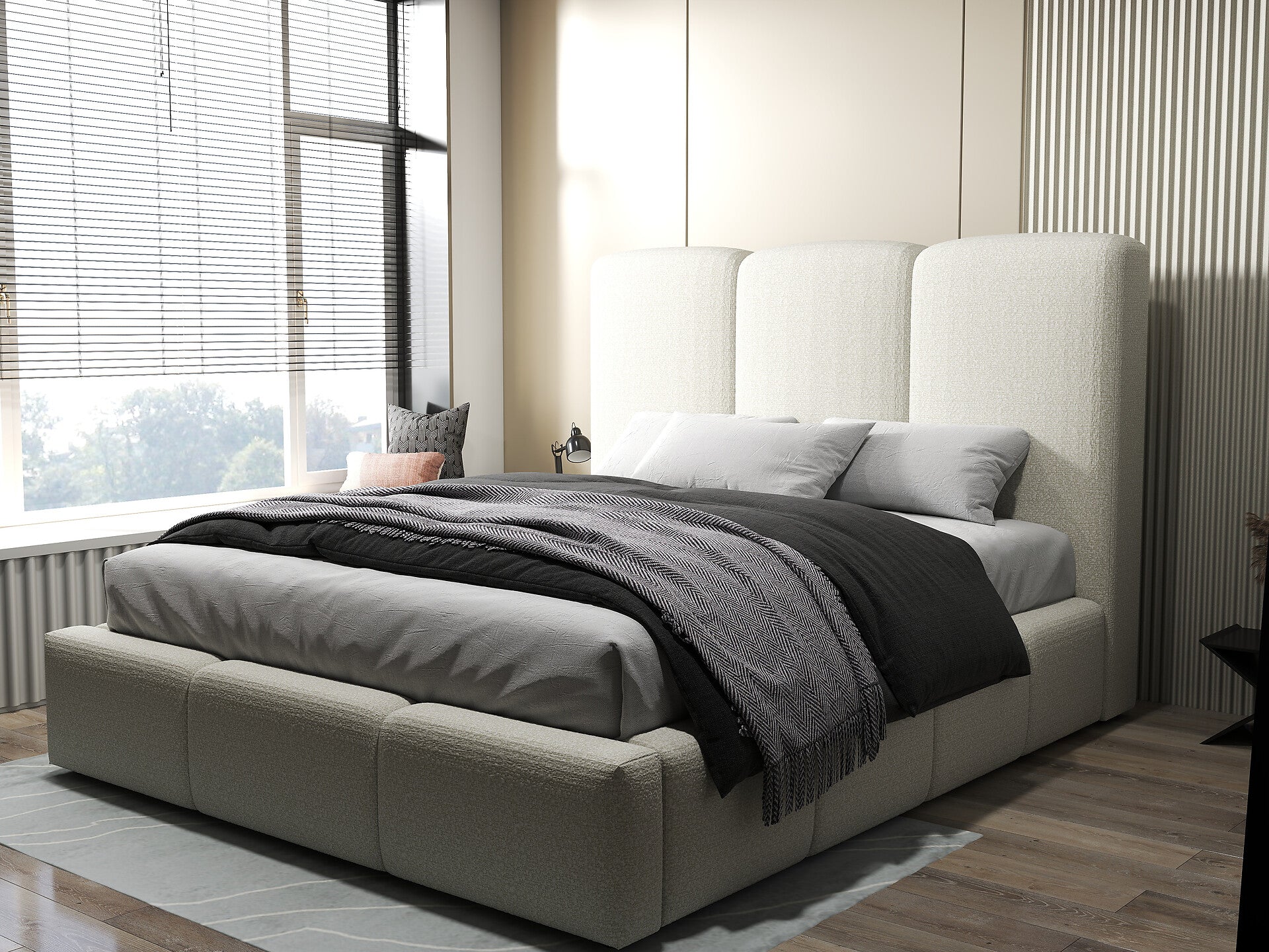 Pat dormitor dumonde, tapitat bej, Dinasty 160x200 cm, somiera rabatabila inclusa, spatiu depozitare