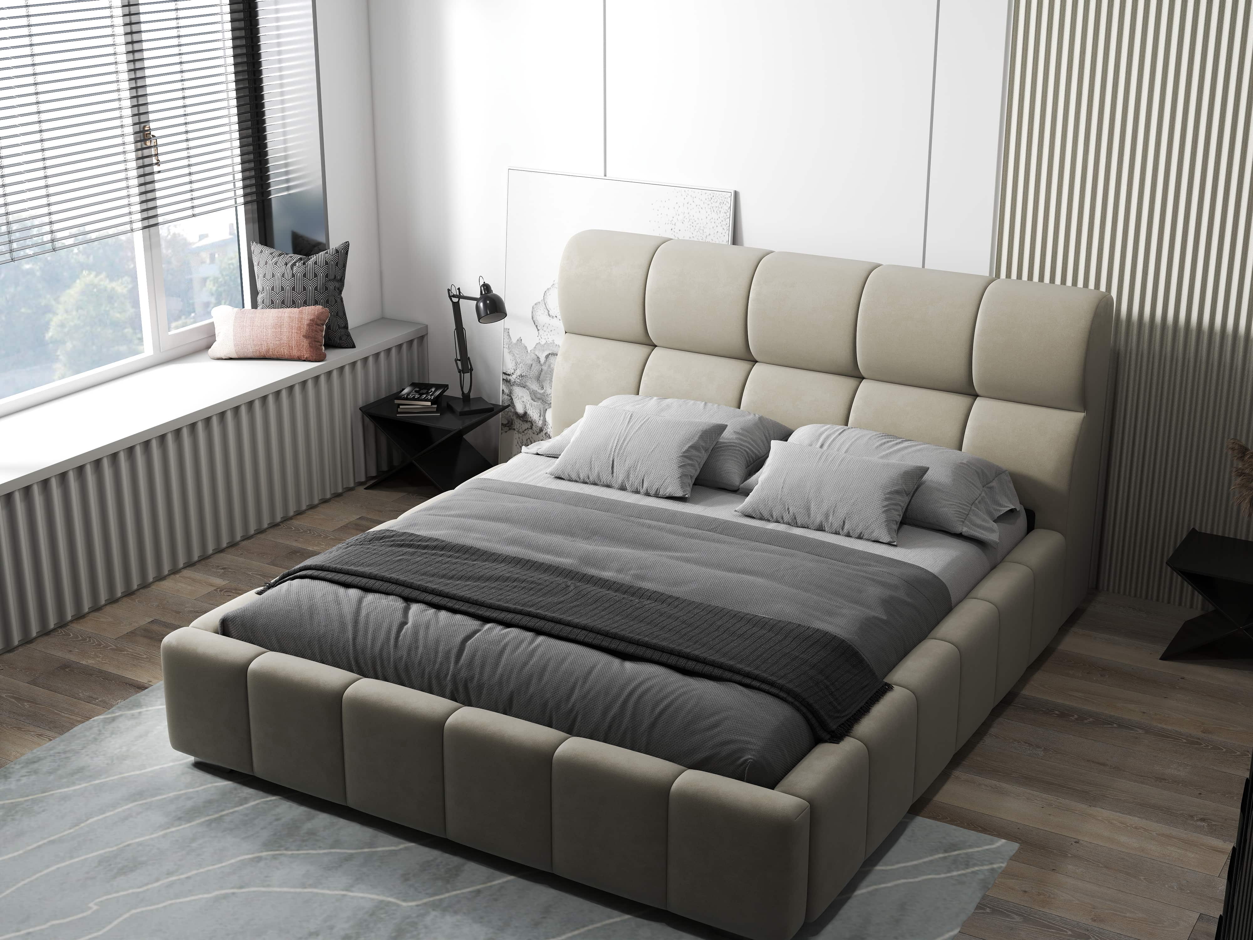 Pat dormitor dumonde, tapitat bej, Prestige 160x200 cm, somiera rabatabila inclusa, spatiu depozitare