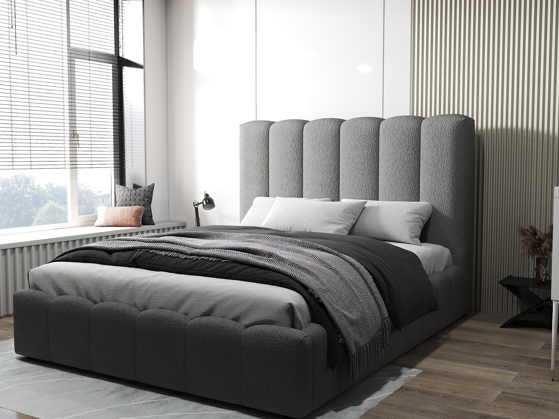 Pat dormitor dumonde, tapitat gri, Milano 140x200 cm, somiera rabatabila inclusa, spatiu depozitare