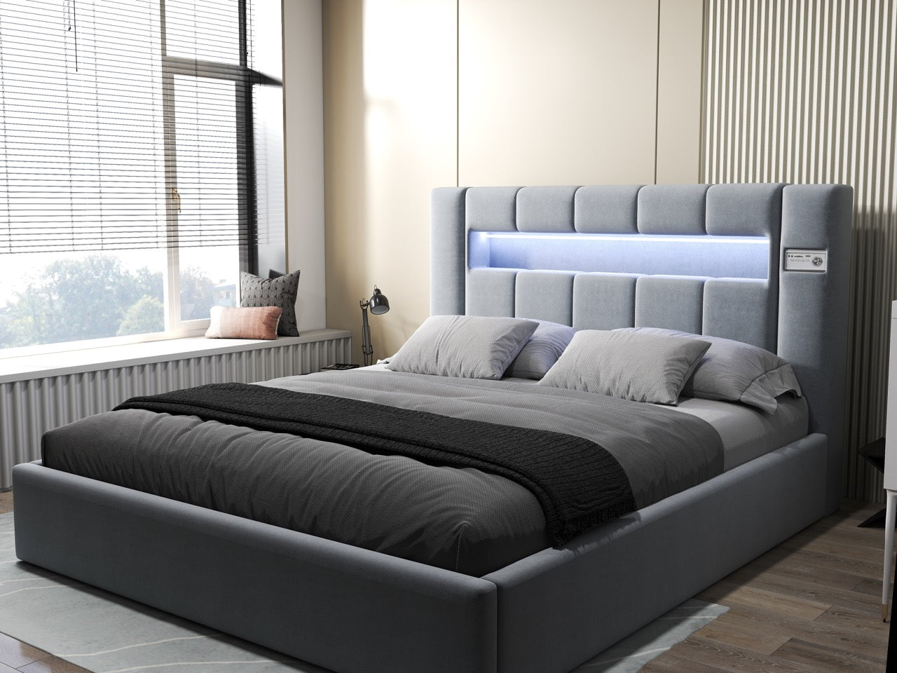 Pat dormitor dumonde, tapitat gri, Glow 180x200 cm, somiera rabatabila inclusa, spatiu depozitare