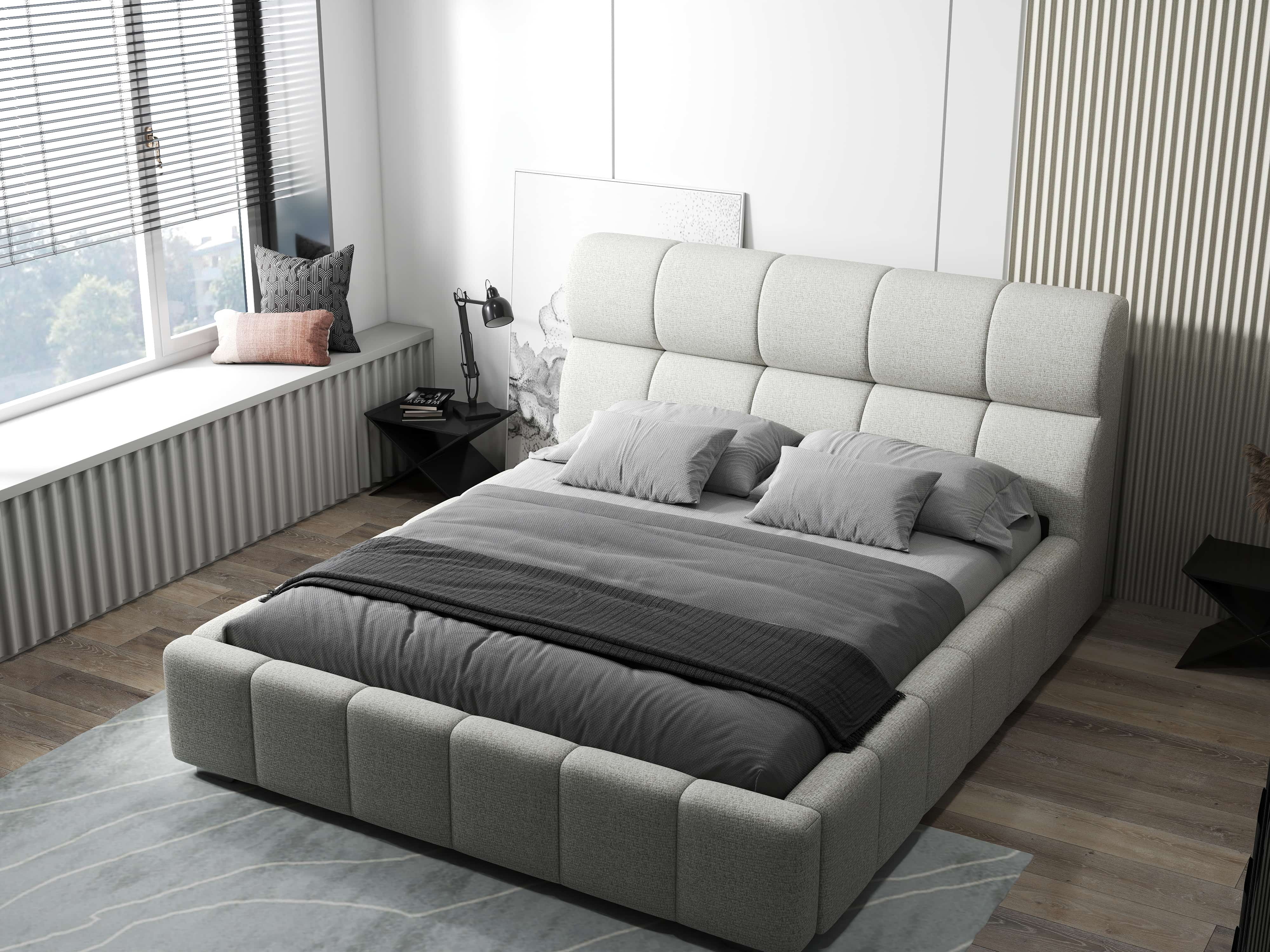 Pat dormitor dumonde, tapitat bej, Prestige 180x200 cm, somiera rabatabila inclusa, spatiu depozitare