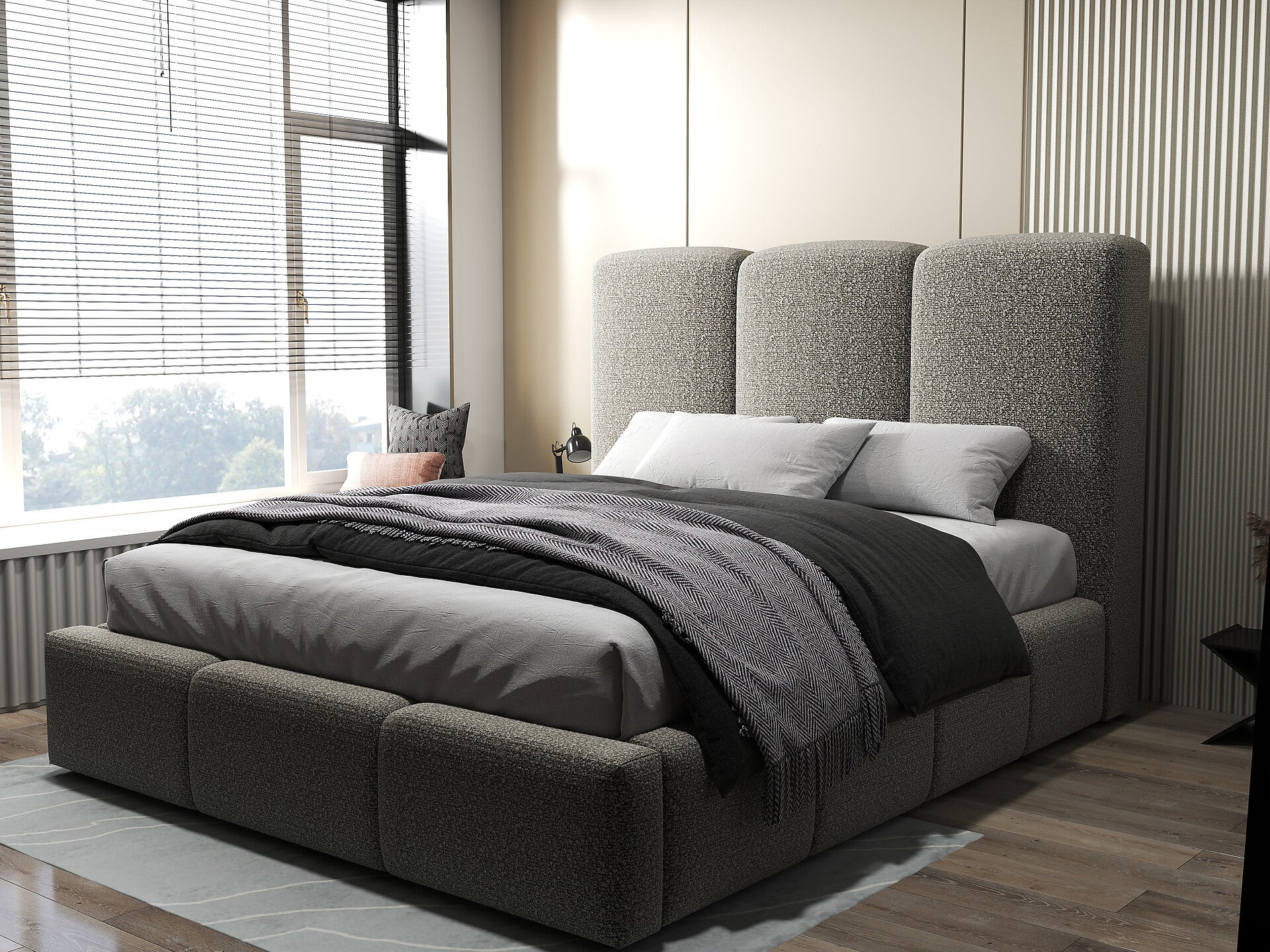 Pat dormitor dumonde, tapitat gri, Dinasty 160x200 cm, somiera rabatabila inclusa, spatiu depozitare