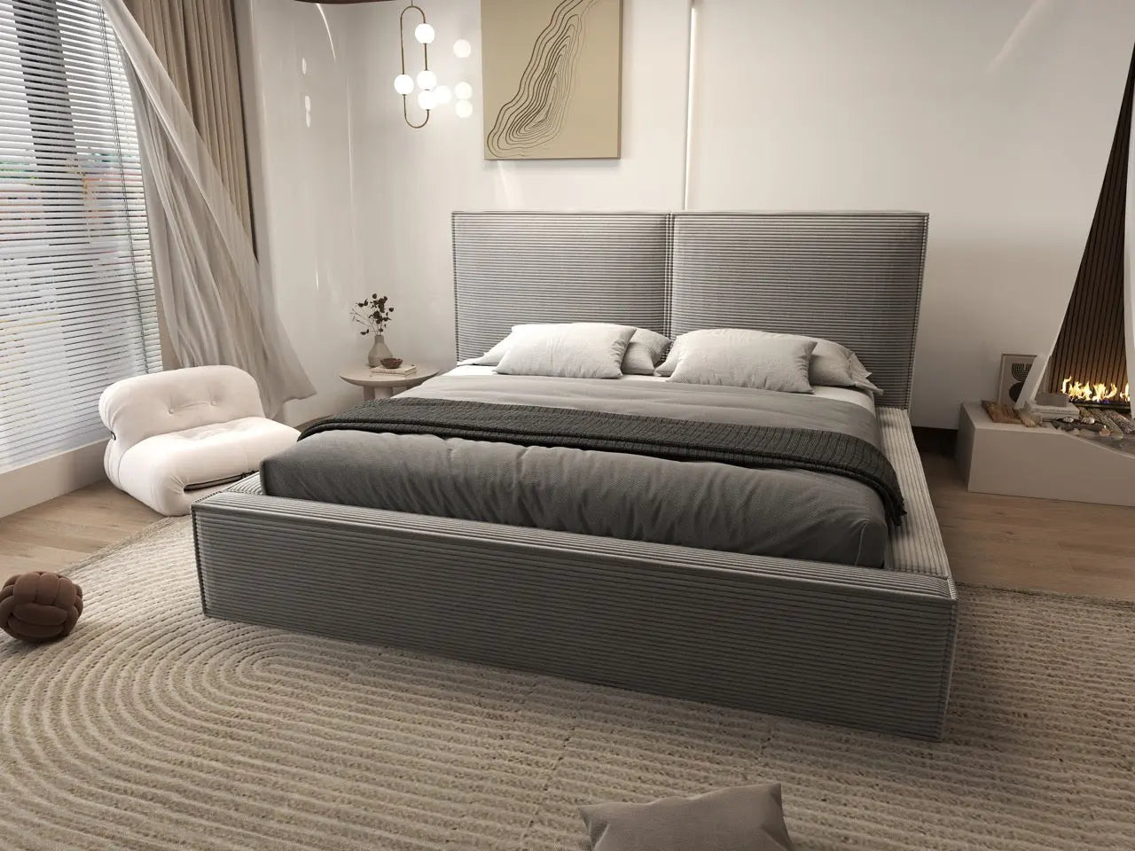 Pat dormitor dumonde, tapitat gri, Dreamer 160x200 cm, somiera rabatabila inclusa, spatiu depozitare WLS